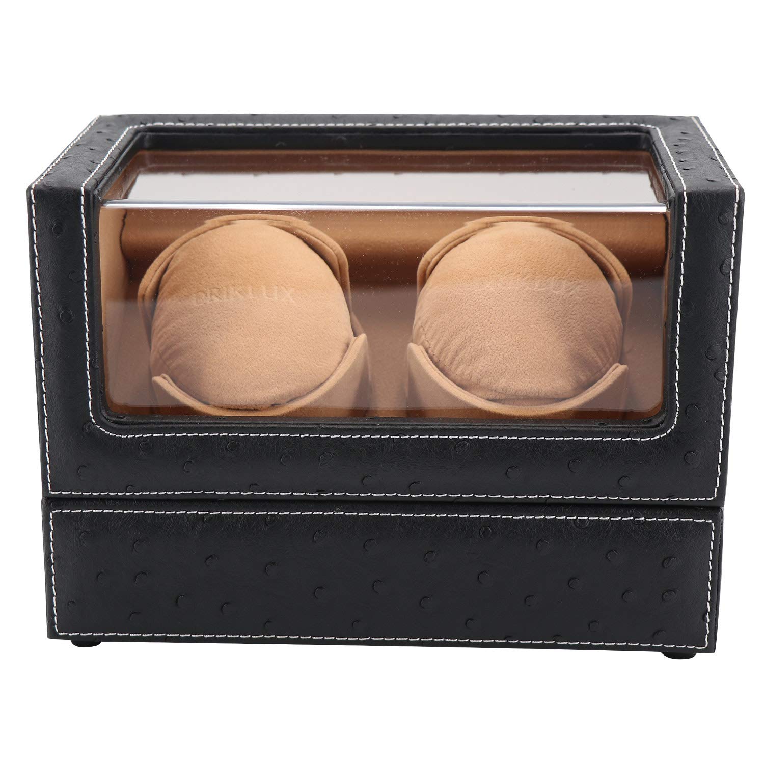 Premium Automatic Double Watch Winder for Rolex & Luxury Watches - Quiet Motor, Black Ostrich Leather Case with Soft Camel Velvet Pillows - Perfect for Watch Collection Display & Safe Storage at Home/Office