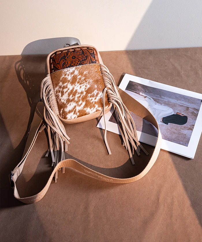 Genuine Hair-On Cowhide Fringe Sling Bag - Hand-Tooled Leather Crossbody Purse for Women | Western Boho Fashion Accessory | Perfect for Concerts, Festivals & Everyday Use