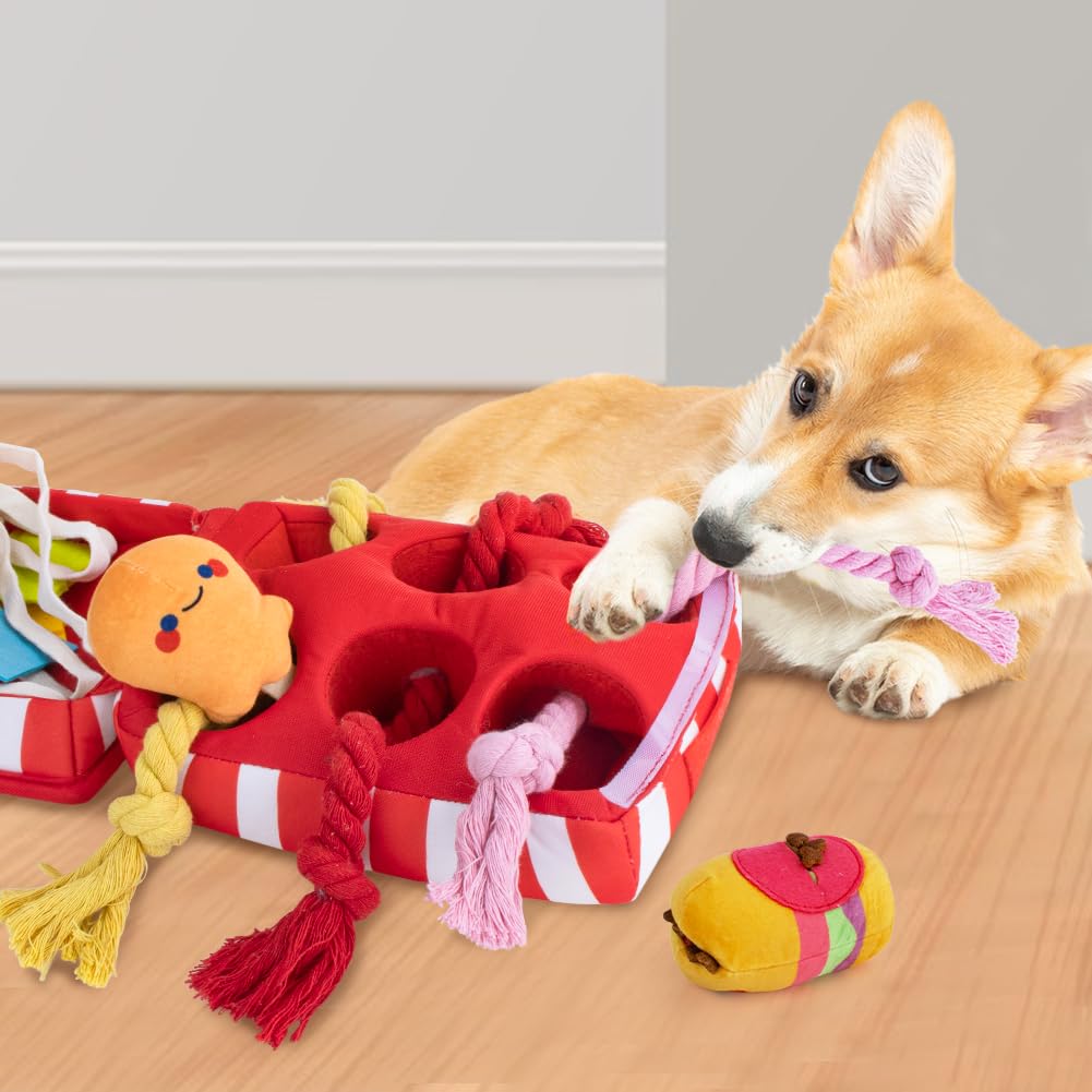 Interactive Squeaky Snuffle Hide & Seek Tug Rope Plush Dog Toys - Natural Foraging Nose Work Chew Toys for Small & Medium Puppies - Boredom Relief & Anxiety Soothing - Perfect for Indoor Play, Training & Mental Stimulation