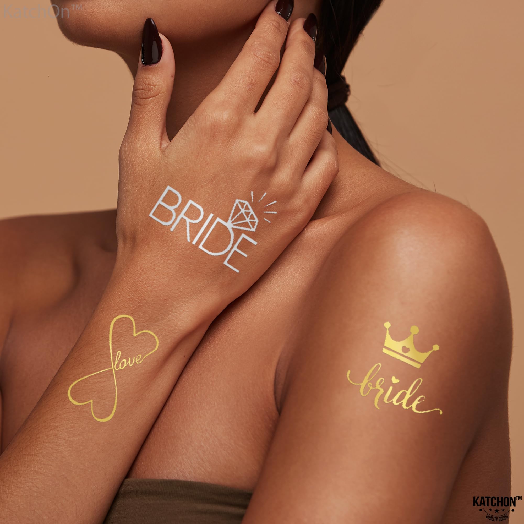 KatchOn Metallic Bride Tribe Temporary Tattoos - 34 Pack Gold & Silver Bachelorette Party Tattoos for Bridal Shower Decorations | Wedding Party Favors, Girls Night Out, Hen Party Accessories