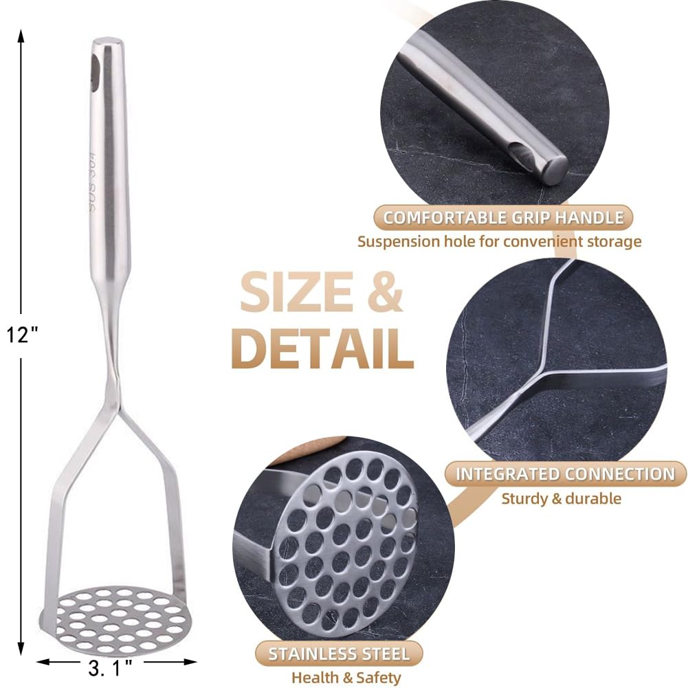 Stainless Steel Potato Masher - Heavy Duty 12 Inch Metal Masher for Potatoes, Avocados, Vegetables & Meat - Dishwasher Safe Kitchen Tool for Perfect Mashed Potatoes - Ideal for Home Cooking, Restaurants & Meal Prep
