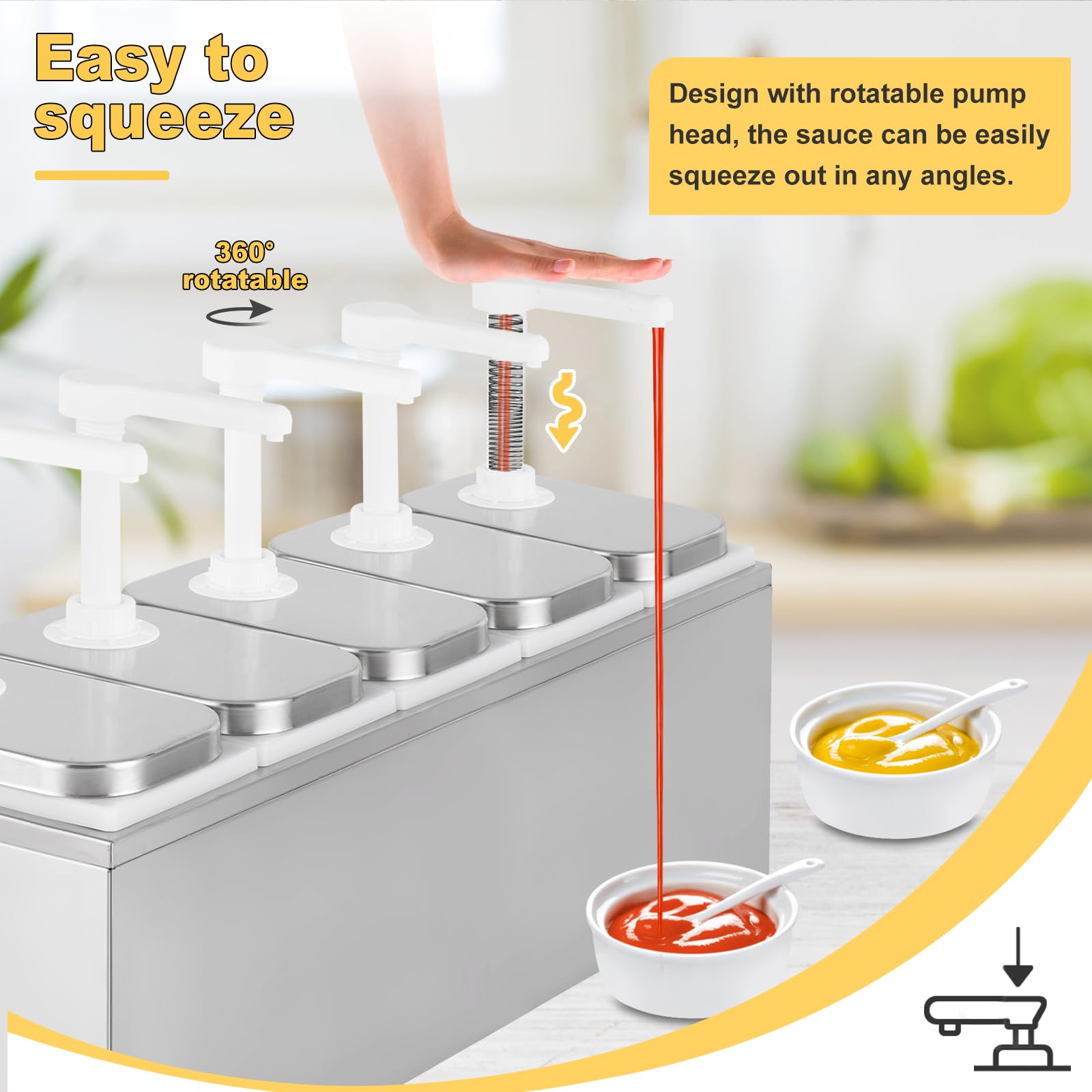 10L Stainless Steel Sauce Dispenser Pump with 5 Jars (2.3 Quart Each) - Commercial Condiment Pump Station for Restaurants, Catering & Food Service