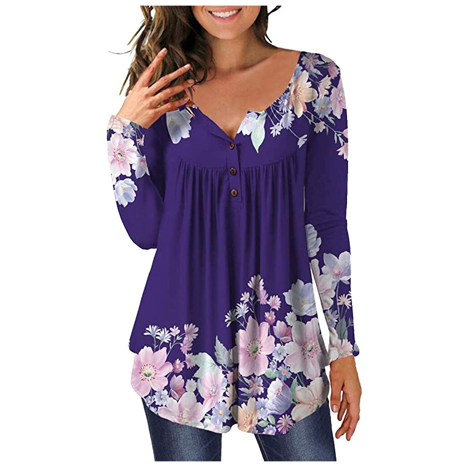 Stylish Women's Casual Printed Button-Down Long Sleeve Asymmetric Hem Tunic Blouse - Fashion Round Neck Top for Everyday Wear & Office Outfits