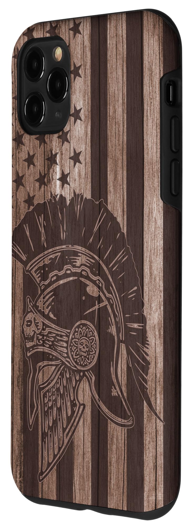 iPhone 11 Pro Max Case - Premium Wooden Spartan Helmet Design with American Flag - Ancient Greek Warrior Style - Perfect for Daily Use, Travel & Gift Giving