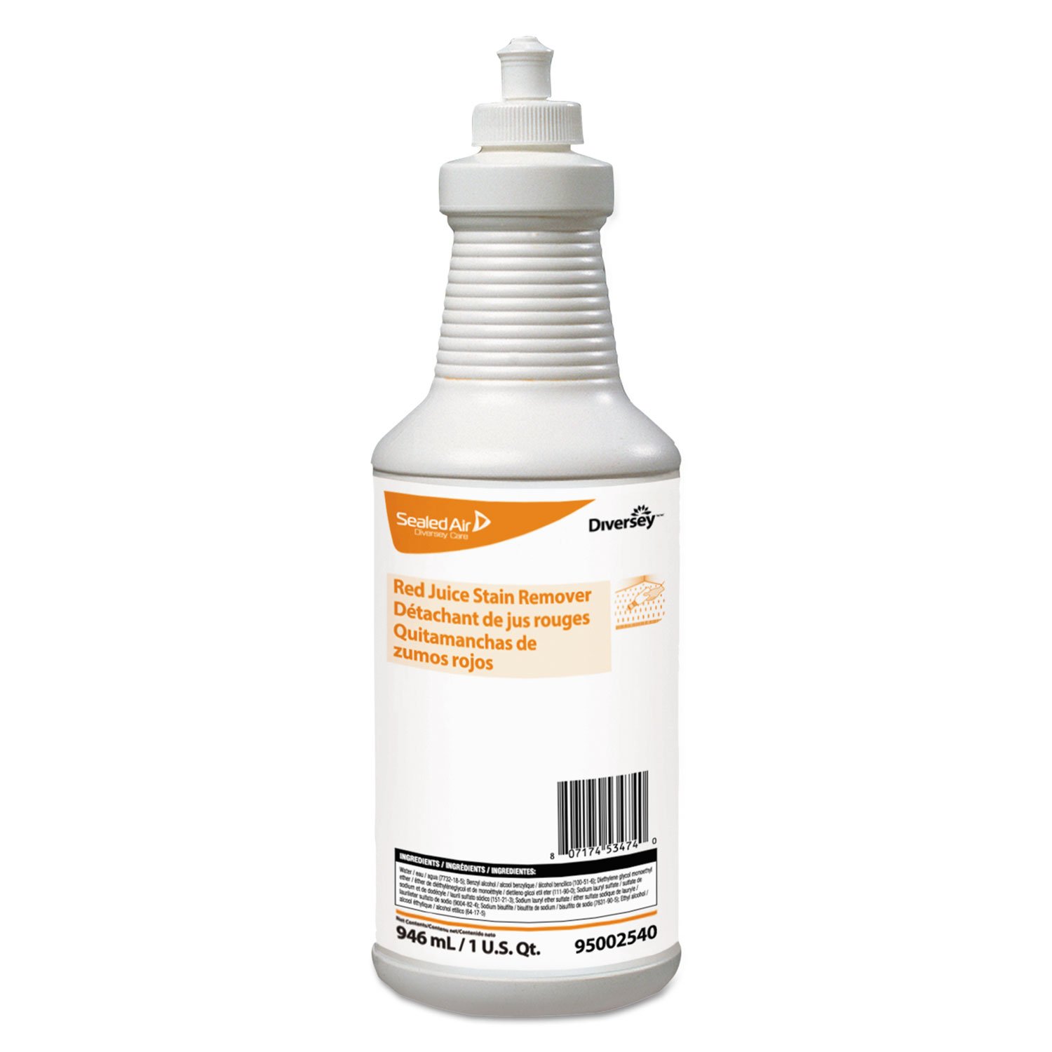 Diversey 95002540 Red Juice Stain Remover - 32 Oz Bottle (Pack of 6) | Powerful Stain Removal for Wine, Berries & Food Stains | Ideal for Restaurants, Catering & Home Use