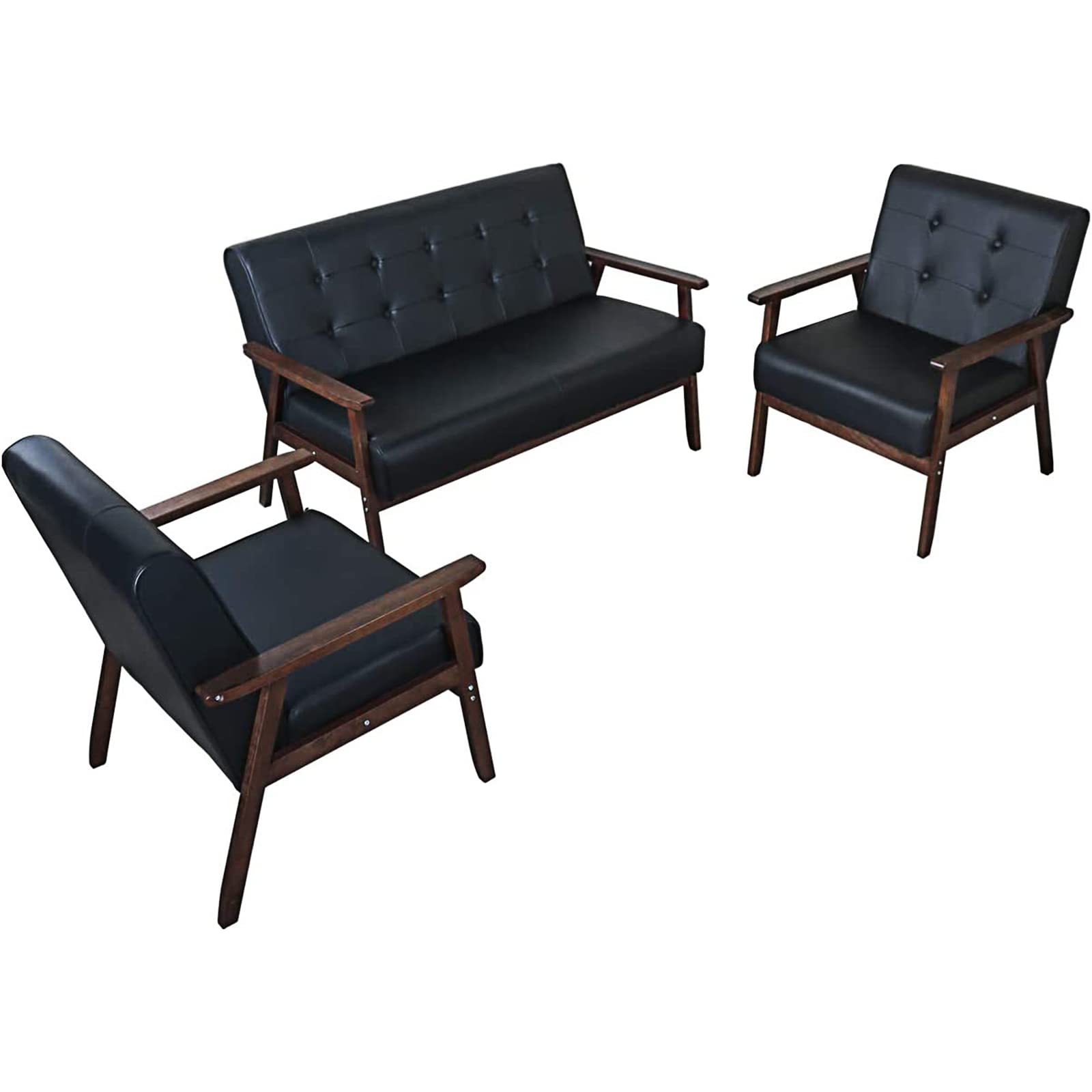 Premium Black Faux Leather Sofa Set - 2 Accent Chairs & 1 Loveseat | Mid-Century Modern Living Room Furniture for Small Spaces, Office Waiting Areas & Home Decor | Durable & Stylish Seating Solution
