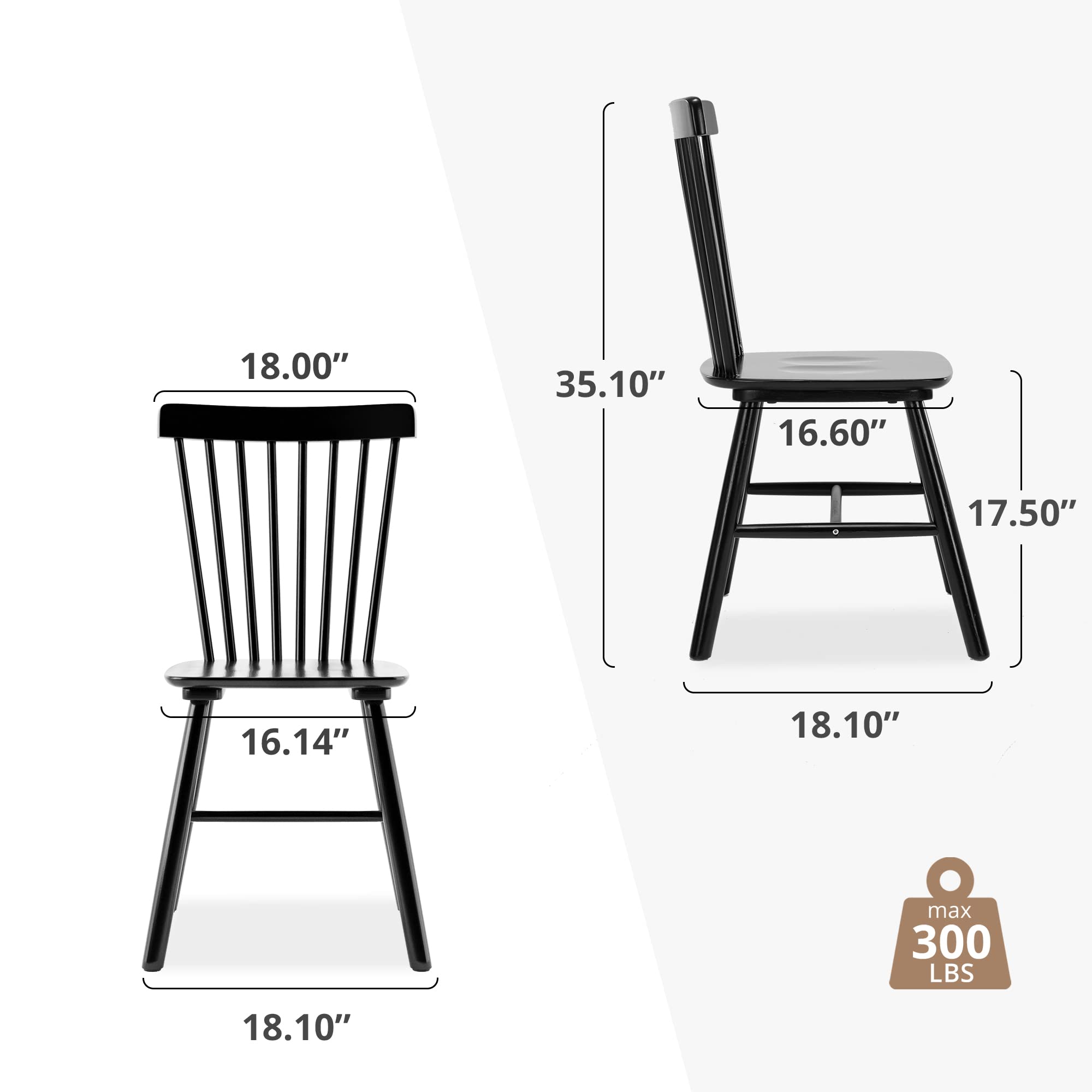 LUE BONA Windsor Dining Chairs Set of 2 - Solid Wood Spindle Back Farmhouse Style Kitchen & Dining Room Chairs in Black - Perfect for Country Homes, Breakfast Nooks, and Rustic Decor