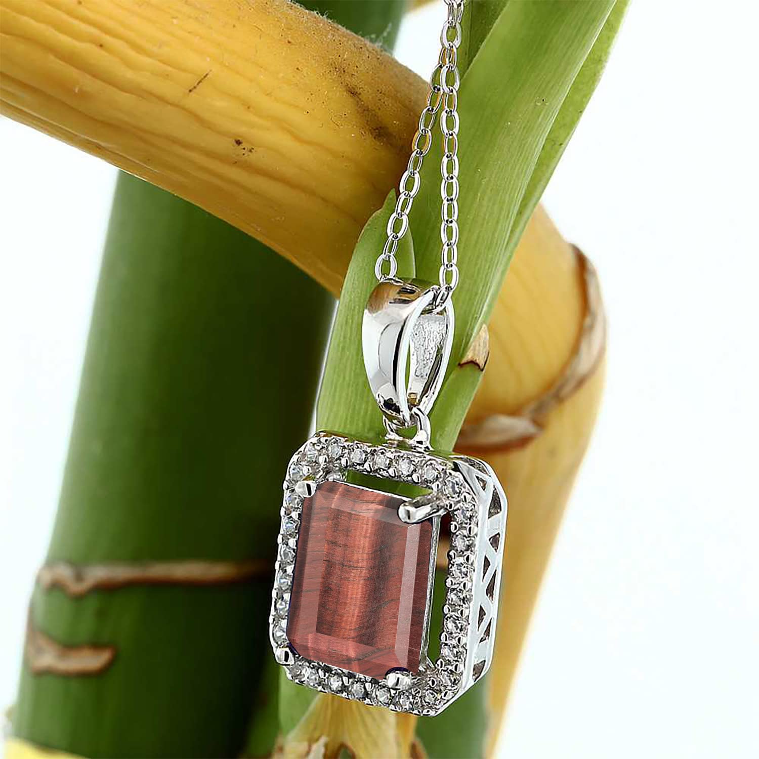 Gem Stone King 925 Sterling Silver Emerald Cut 9X7MM Birthstone Halo Pendant Necklace for Women with 18