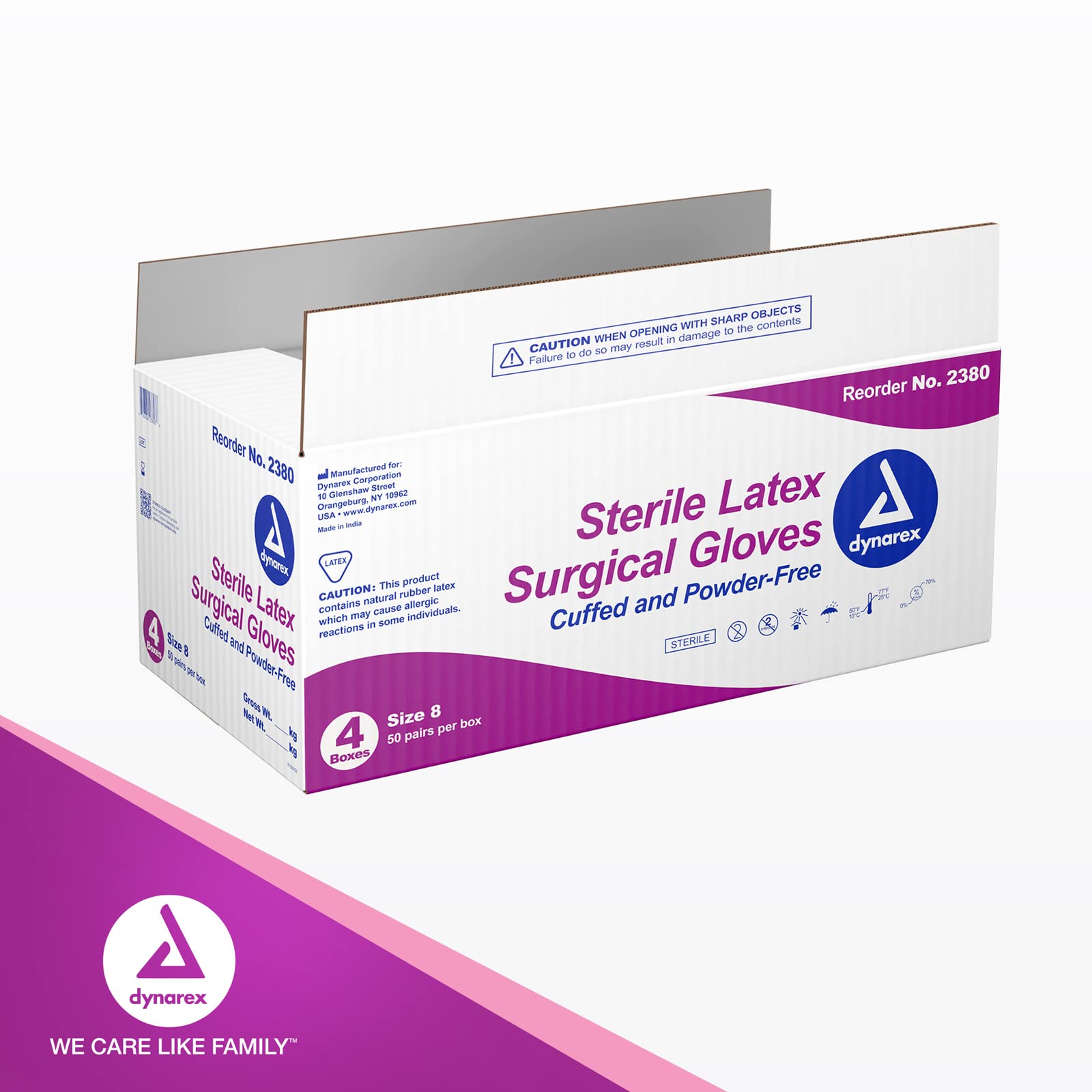 Dynarex Sterile Disposable Latex Surgical Gloves - Powder-Free, Individually Packed in Pairs - Medical Grade Exam Gloves for Healthcare Professionals - Size 8.0, 200 Pairs/Case - Ideal for Hospitals, Clinics & First Aid Kits