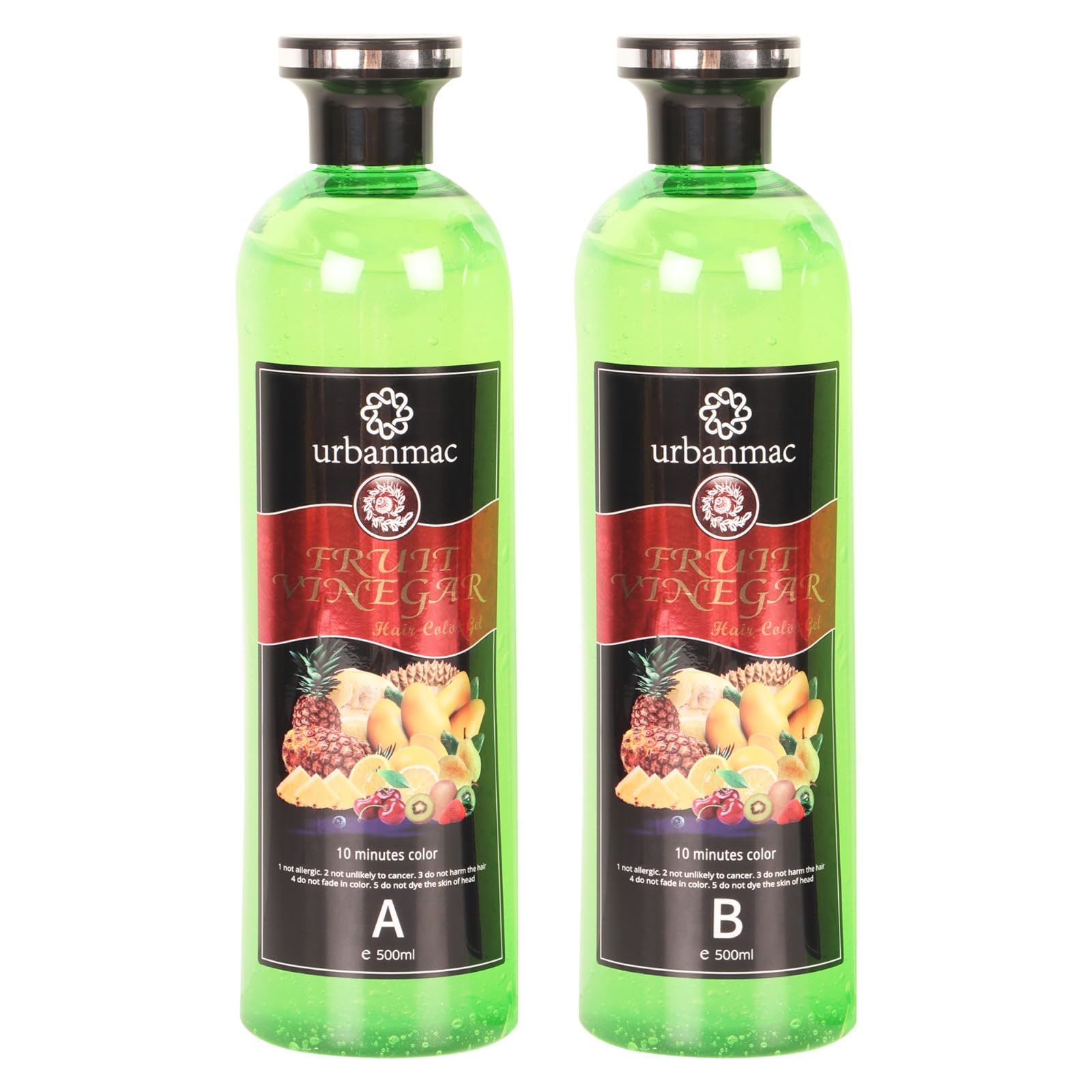 URBANMAC Natural Fruit Vinegar Gel Hair Dye for Black Hair - Ammonia Free, Long Lasting Color (500ml x 2) - Perfect for At-Home Hair Coloring & Gray Coverage