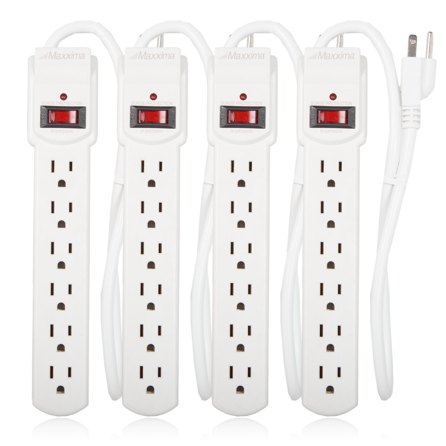 Maxxima 6-Outlet Surge Protector Power Strip with Red On/Off Switch - 300 Joules Protection, 4-Pack for Home & Office - Safely Power Multiple Electronics, Appliances & Devices - Ideal for Home Theater, Gaming Setup & Workstation - White