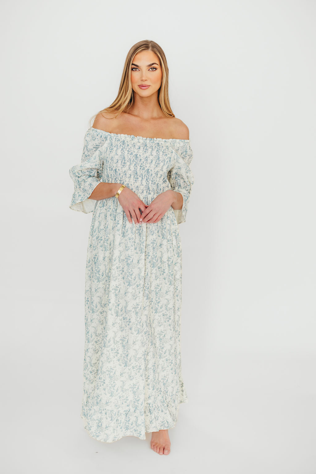 Sienna 100% Cotton Puff Sleeve Maxi Dress - Blue Floral Print Maternity Dress for Pregnancy | Bump Friendly, Comfortable & Stylish for Summer, Beach, Vacation & Special Occasions