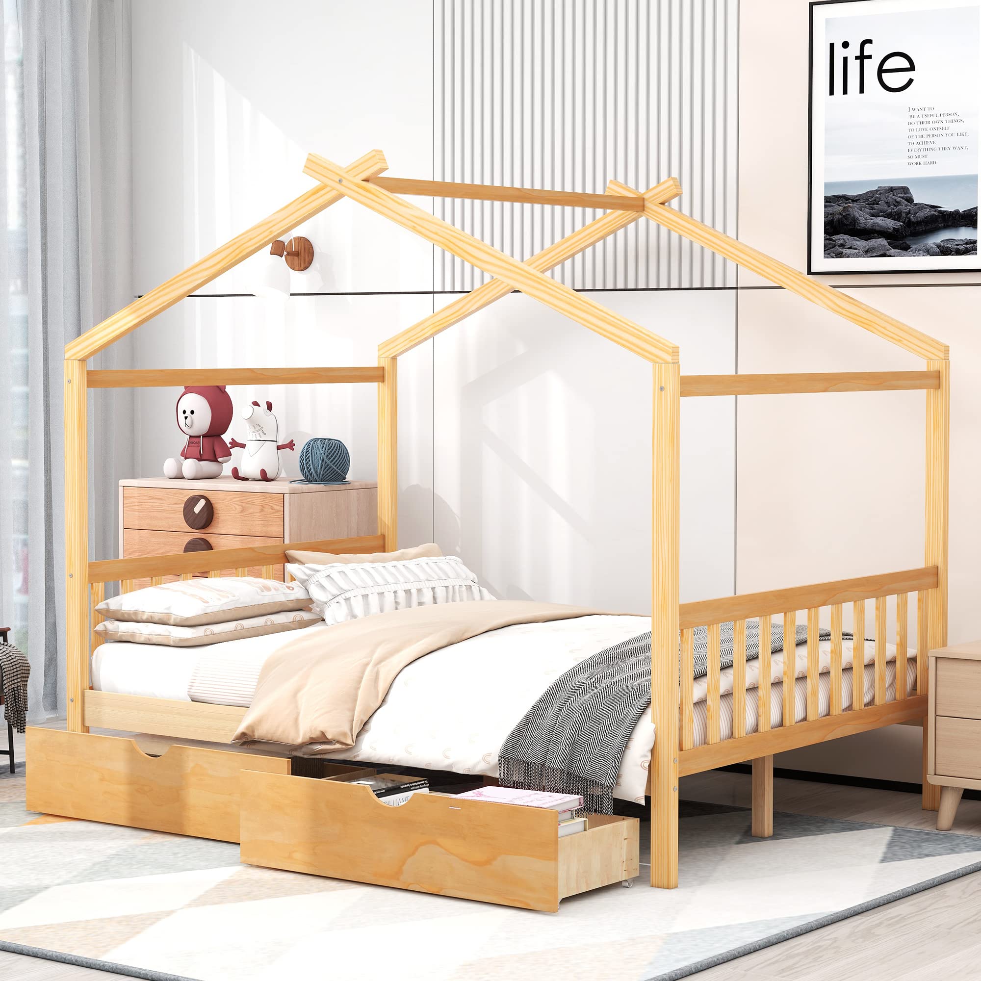 Harper & Bright Designs Full Size Wooden House Bed Frame for Kids with 2 Drawers, Storage Headboard & Footboard, Roof Design - Perfect for Boys & Girls Bedrooms (Natural Finish)