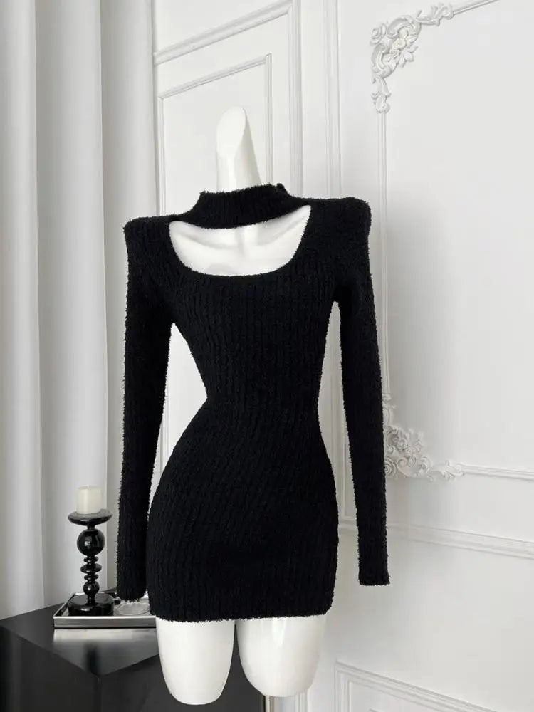 Women's Black Hollowed Out Knit Mini Dress - Autumn Korean Style High Collar Slim Wrap Dress for Party, Date Night & Office Wear