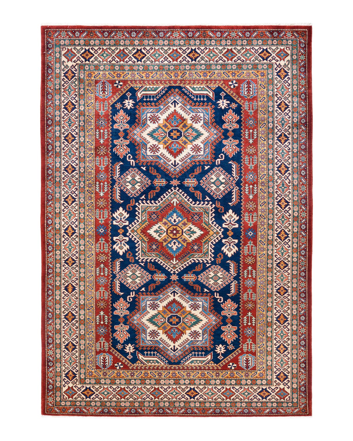 Handmade Bohemian Tribal Blue Wool Area Rug 6x9 Feet - Unique Hand-Knotted Design for Living Room, Bedroom & Boho Decor