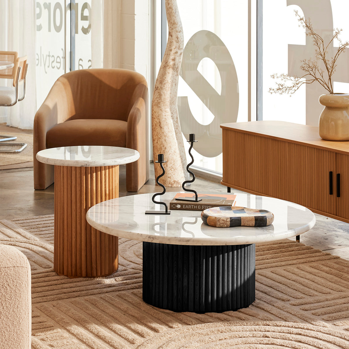 Modern Round Coffee Table - Black Oak & Carrara Marble Top - 39