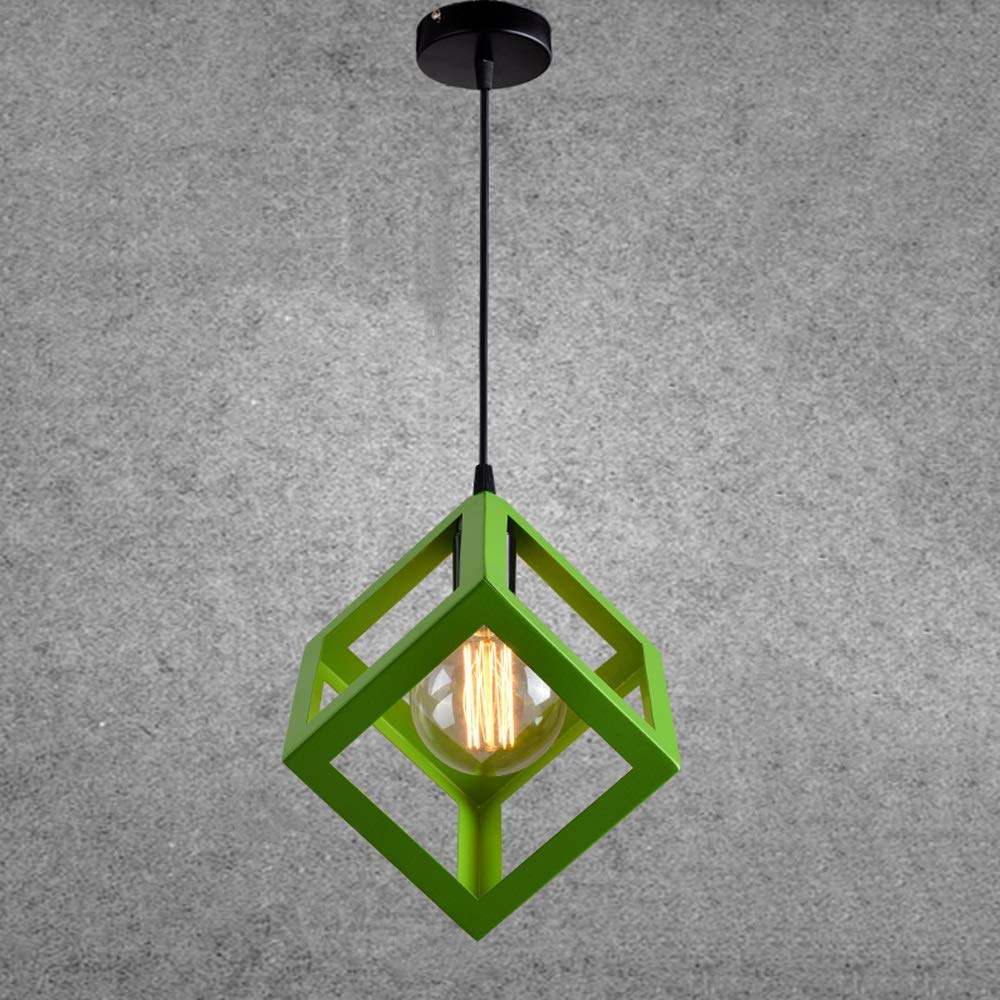 Ganeep Industrial Retro Cage Pendant Light - Vintage Metal Cube Hanging Lamp with E27 Socket for Edison Bulbs - Perfect for Home, Bar, Cafe & Restaurant Decor (Green)