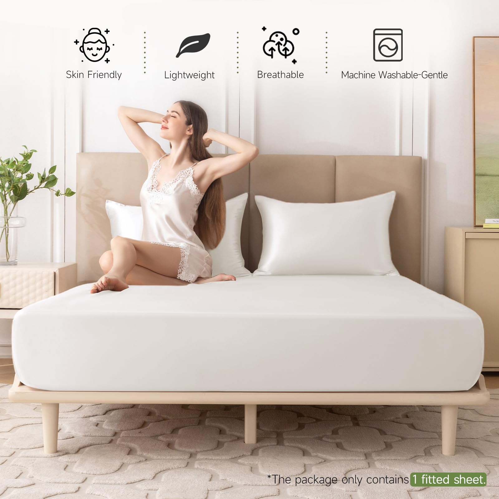 THXSILK 100% Mulberry Silk Fitted Sheet Queen Size - 22 Momme Deep Pocket (Cream White) | Luxury Bedding for Hotels, Guest Rooms & Master Bedrooms