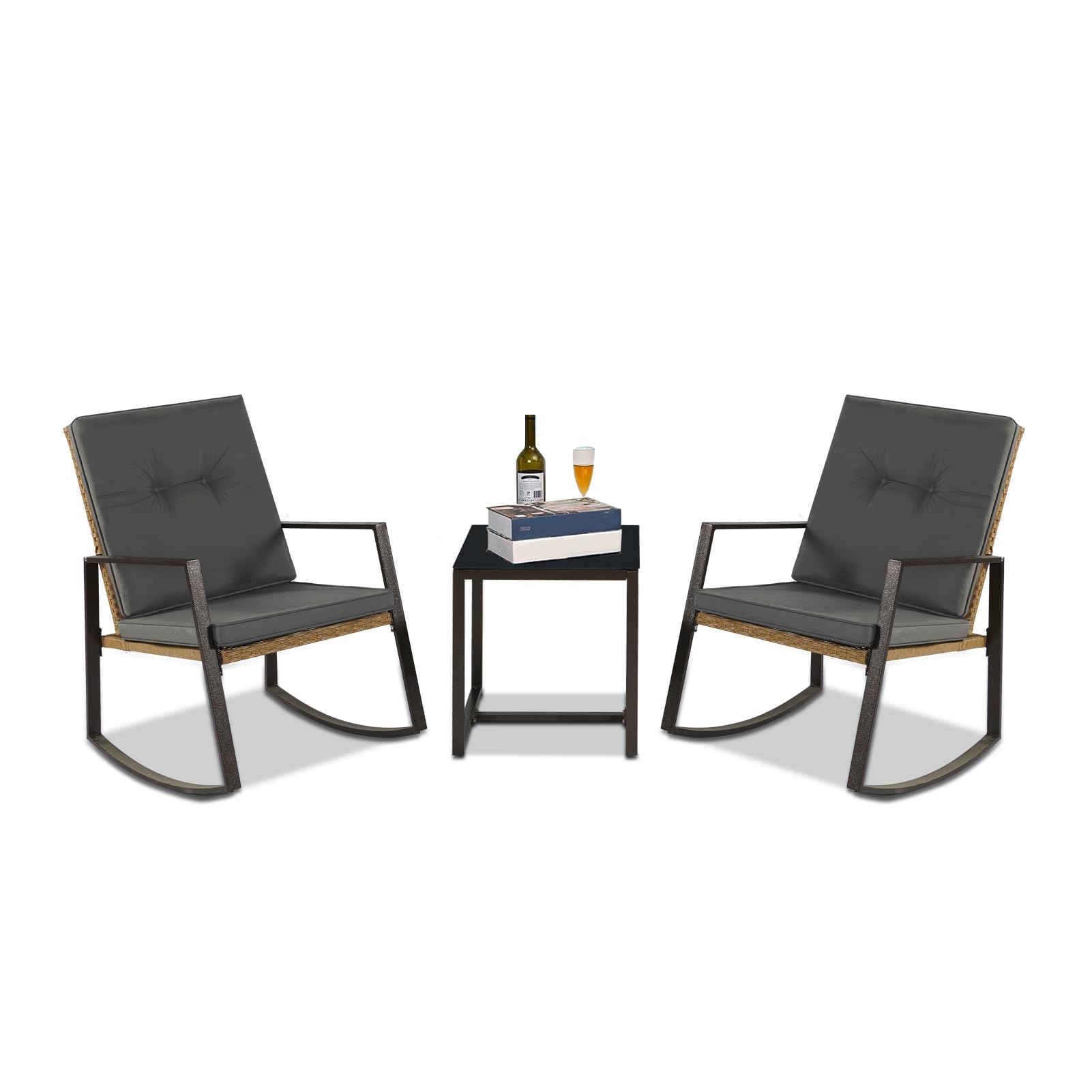 YIYAN 3-Piece Outdoor Bistro Set with Rocking Wicker Chairs & Coffee Table - Washable Gray Cushions - Perfect for Patio, Garden, Balcony or Poolside Relaxation