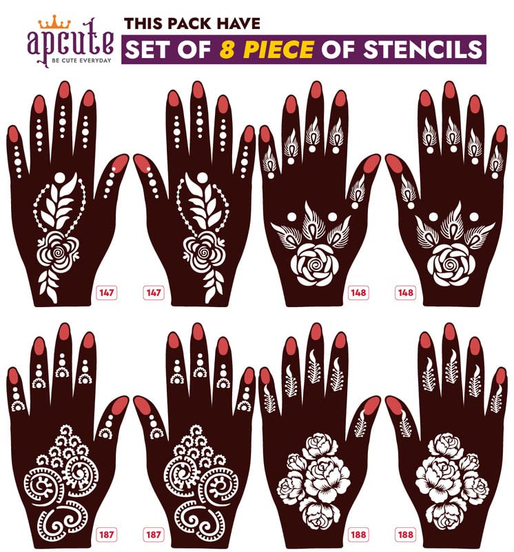 Apcute Mehndi Design Henna Tattoo Stencil Stickers for Girls, Women & Kids - Easy to Use Temporary Body Art - Set of 8 Pieces for Both Hands (Design No. 147, 148, 187, 188) - Perfect for Weddings, Festivals & DIY Body Art