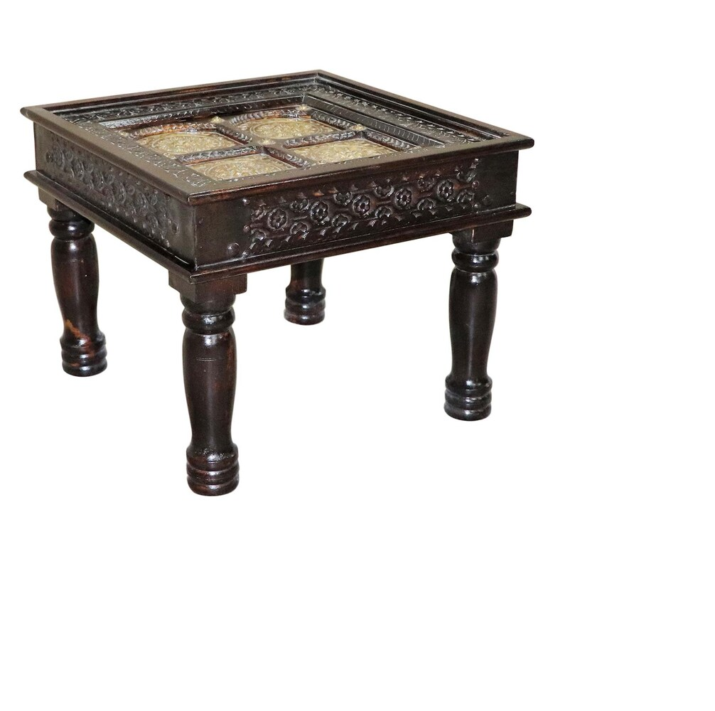Antique Brass Embossed Solid Wood Indian Side Table - 60x60x45cm Brown | Handcrafted Vintage End Table for Living Room, Bedroom & Office Decor