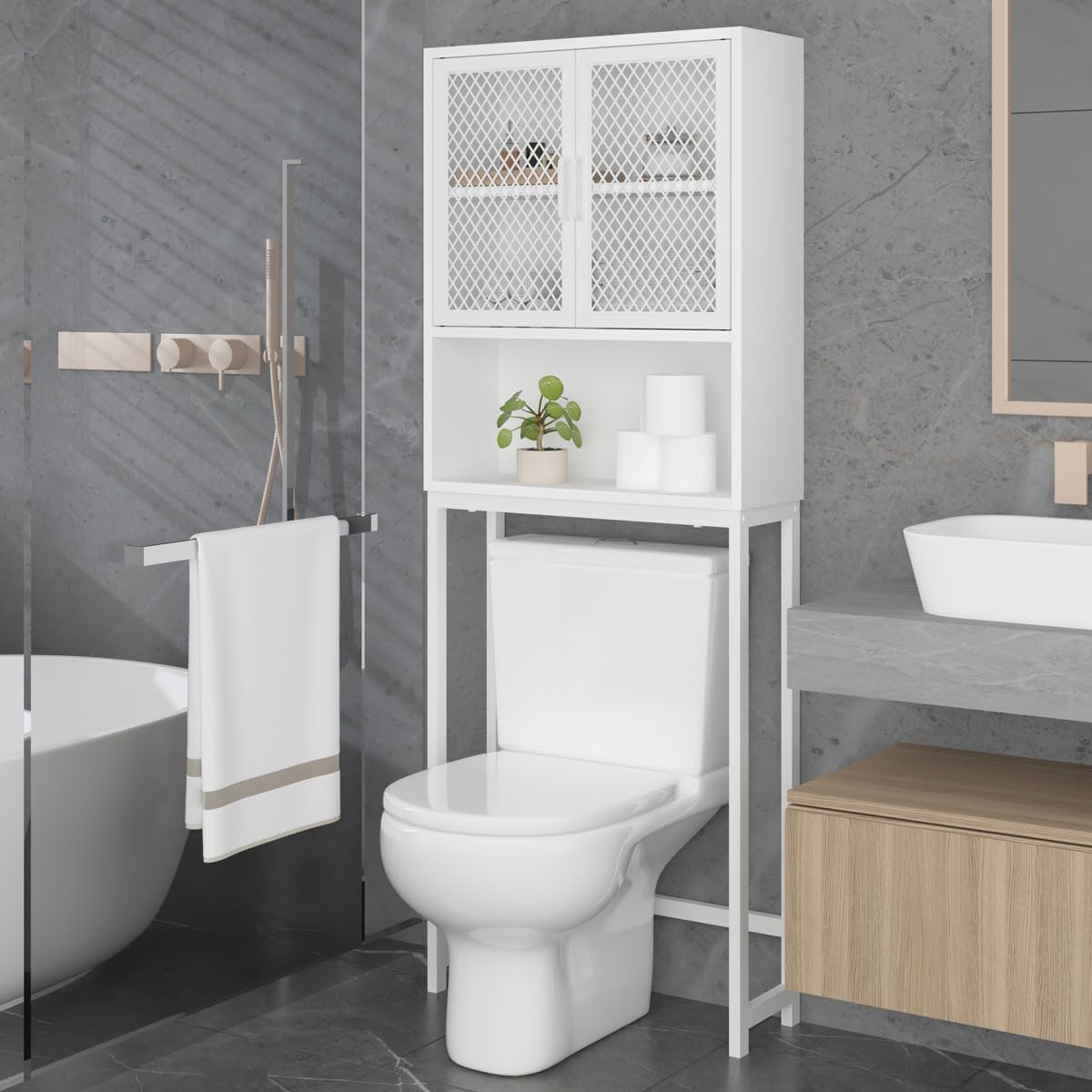 Over The Toilet Storage Cabinet - Industrial Bathroom Organizer with Rack | Freestanding Space Saving Shelf for Bathroom | White Oak Wood & Metal Design | Perfect for Small Bathrooms, Apartments & Dorm Rooms