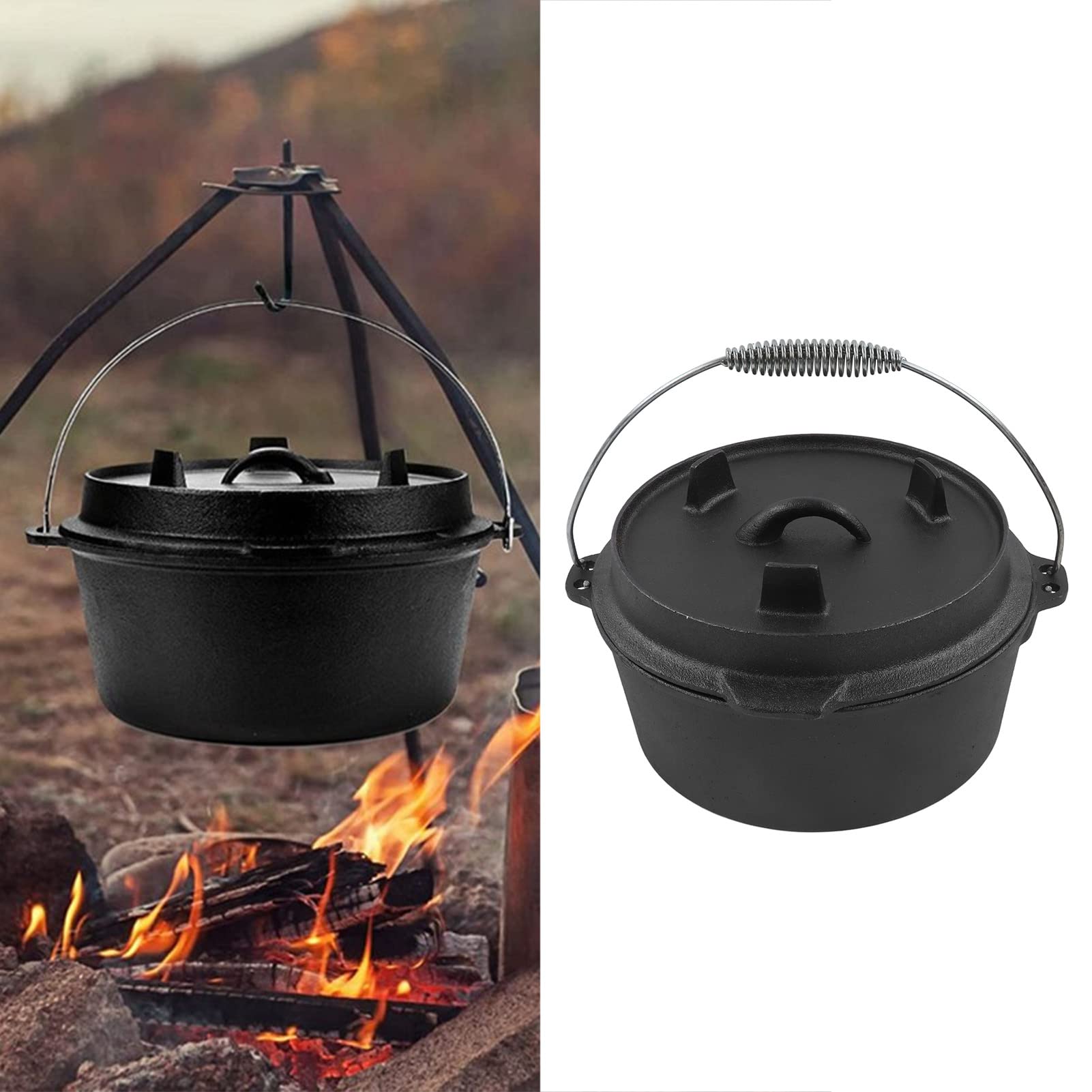 Premium 25CM Cast Iron Dutch Oven with Thermometer Notch - Nonstick, Even Heat Distribution, Camping & Outdoor Cooking Essential for Stews, Bread & Roasts