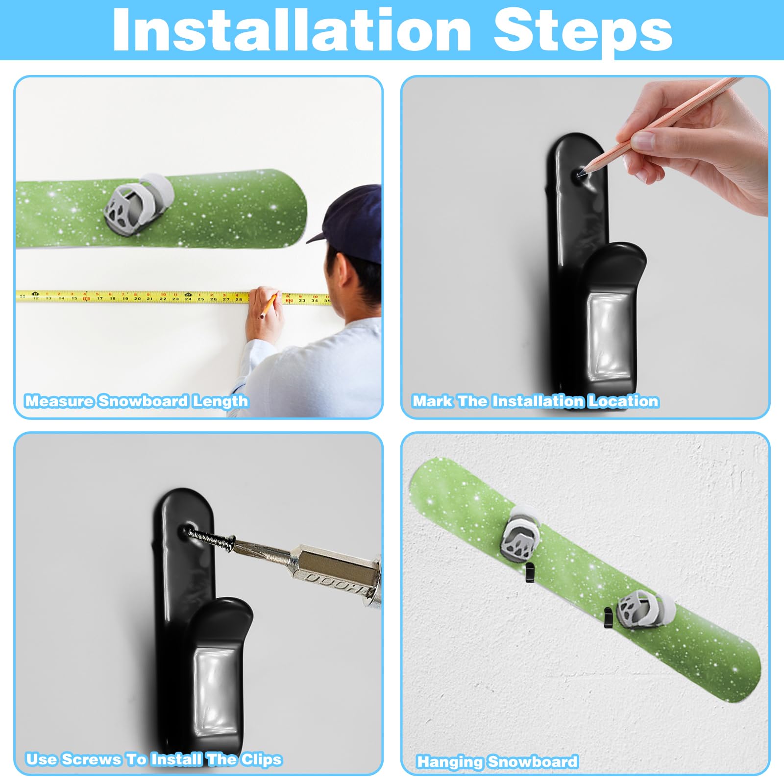 2Pcs Snowboard Wall Mount Rack - Horizontal Ski Holder for Room & Garage Storage