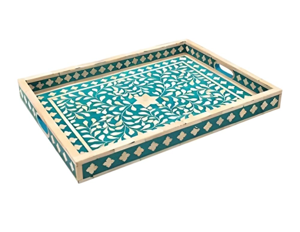 Handmade Antique Bone Inlay Serving Tray - Decorative Wooden Food Platter for Breakfast in Bed, Ottoman Style Blue Home Decor Tray | Perfect for Tea Service, Cheese Board & Gift Giving - Fairdeal Handicrafts