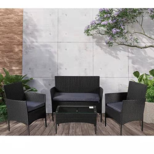 4-Piece Black PE Rattan Patio Furniture Set with Gray Cushions & Coffee Table - Outdoor Garden Conversation Sofa for Backyard, Poolside & Terrace Relaxation