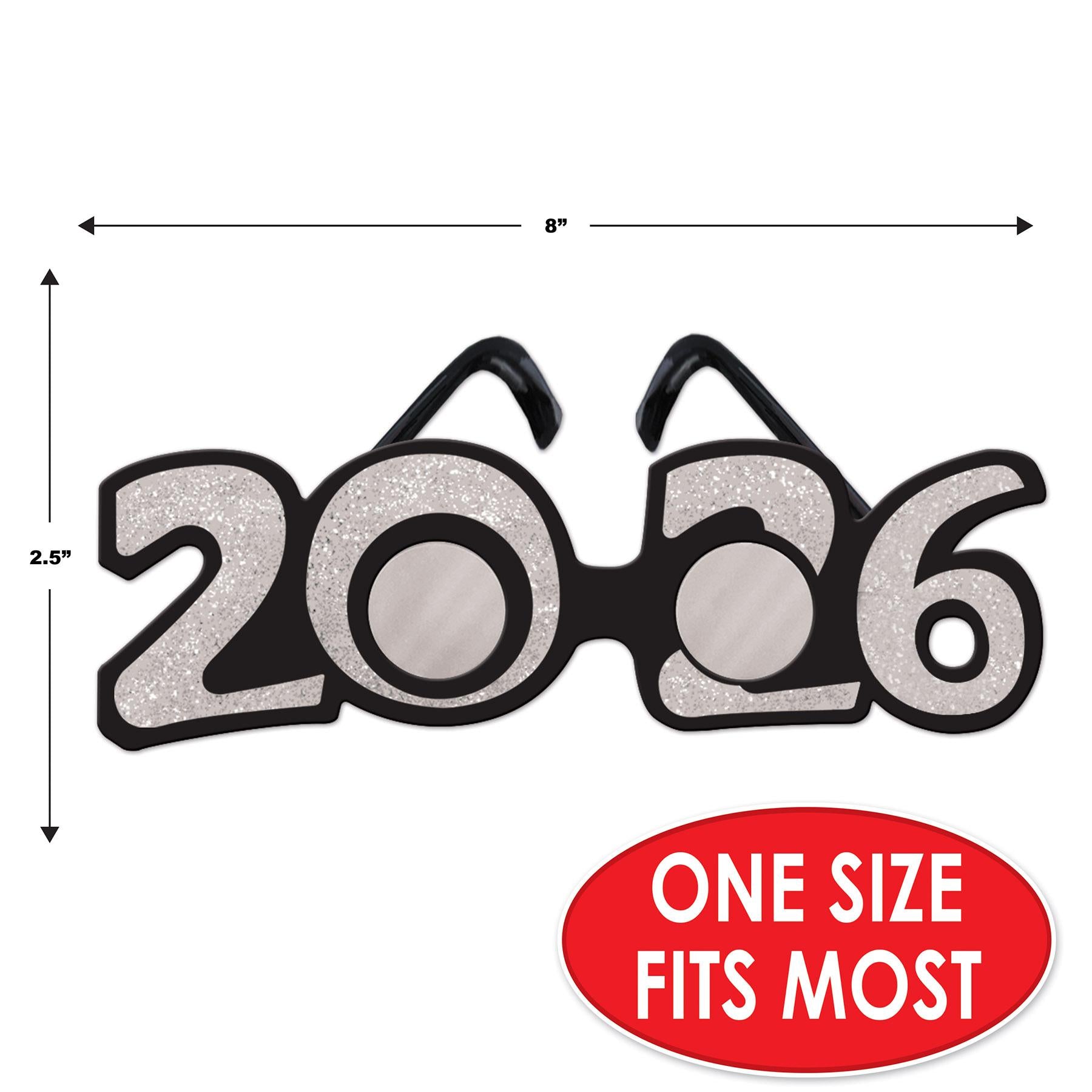 12 Pack Beistle 2026 Glittered Plastic Party Eyeglasses - Silver New Year's Eve Glasses for Celebrations, Festivals & Costume Parties