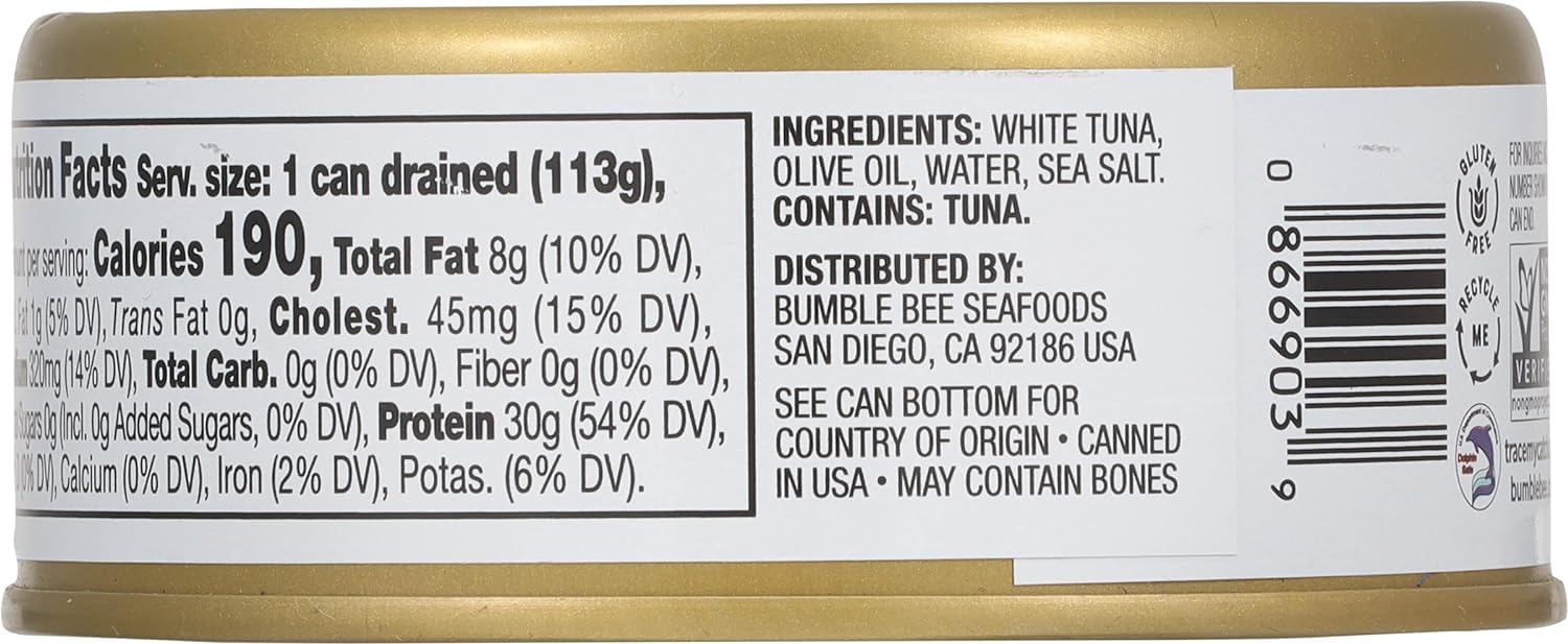 Premium Wild Caught Bumble Bee Prime Solid White Albacore Tuna in Olive Oil - 5 oz Can, 30g Protein per Serving, Non-GMO, Gluten Free, Kosher - Perfect for Salads, Sandwiches & Keto Meals