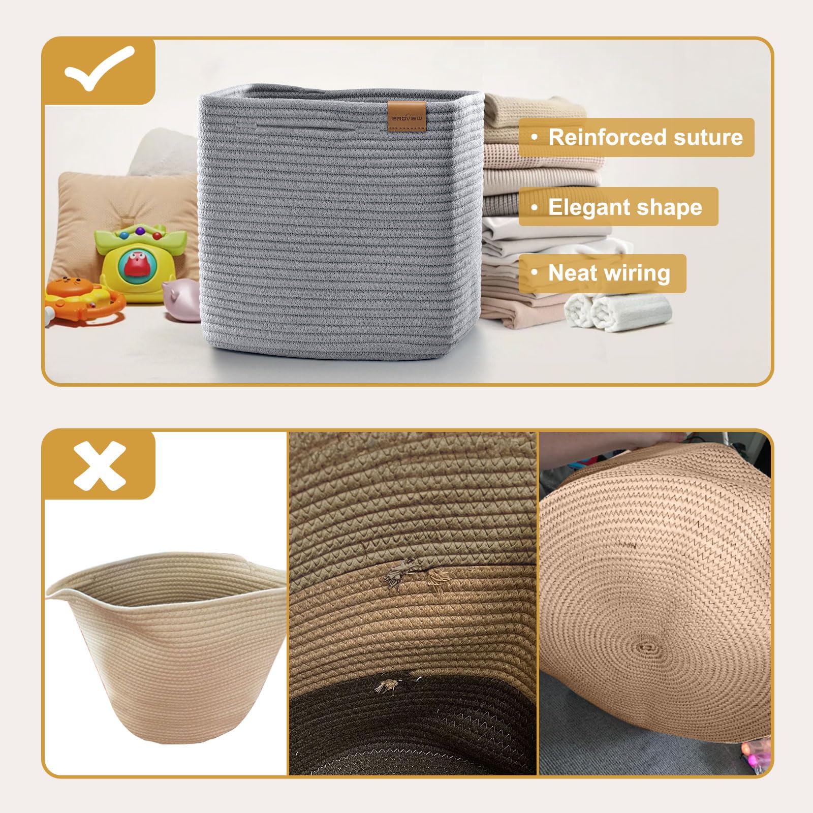 11 Inch Woven Storage Cubes - 3 Pack Cotton Rope Baskets for Shelves, Closet & Toy Organization | Kids Room, Nursery & Classroom Storage Solutions | Light Grey Home Decor Bins