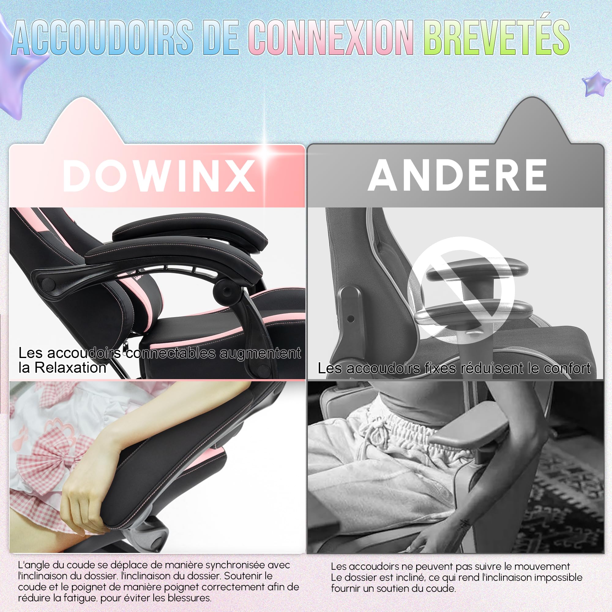 Dowinx Sweet Cat Edition Ergonomic Gaming Chair - High Back PU Leather Computer Chair with Lumbar Support & Footrest, Black - Perfect for Gaming, Office Work & Home Comfort