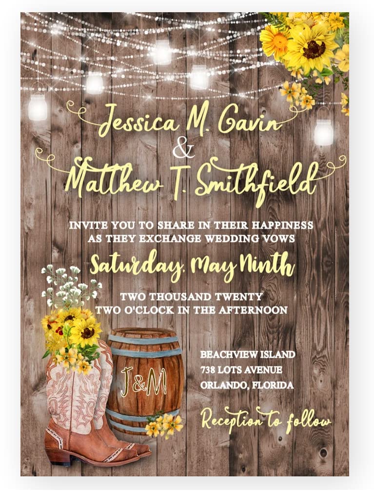 Rustic Sunflower Wedding Invitations Set of 50 - Western Cowboy Cowgirl Country Theme with Envelopes - Perfect for Barn Weddings, Country Themed Parties & Western Events