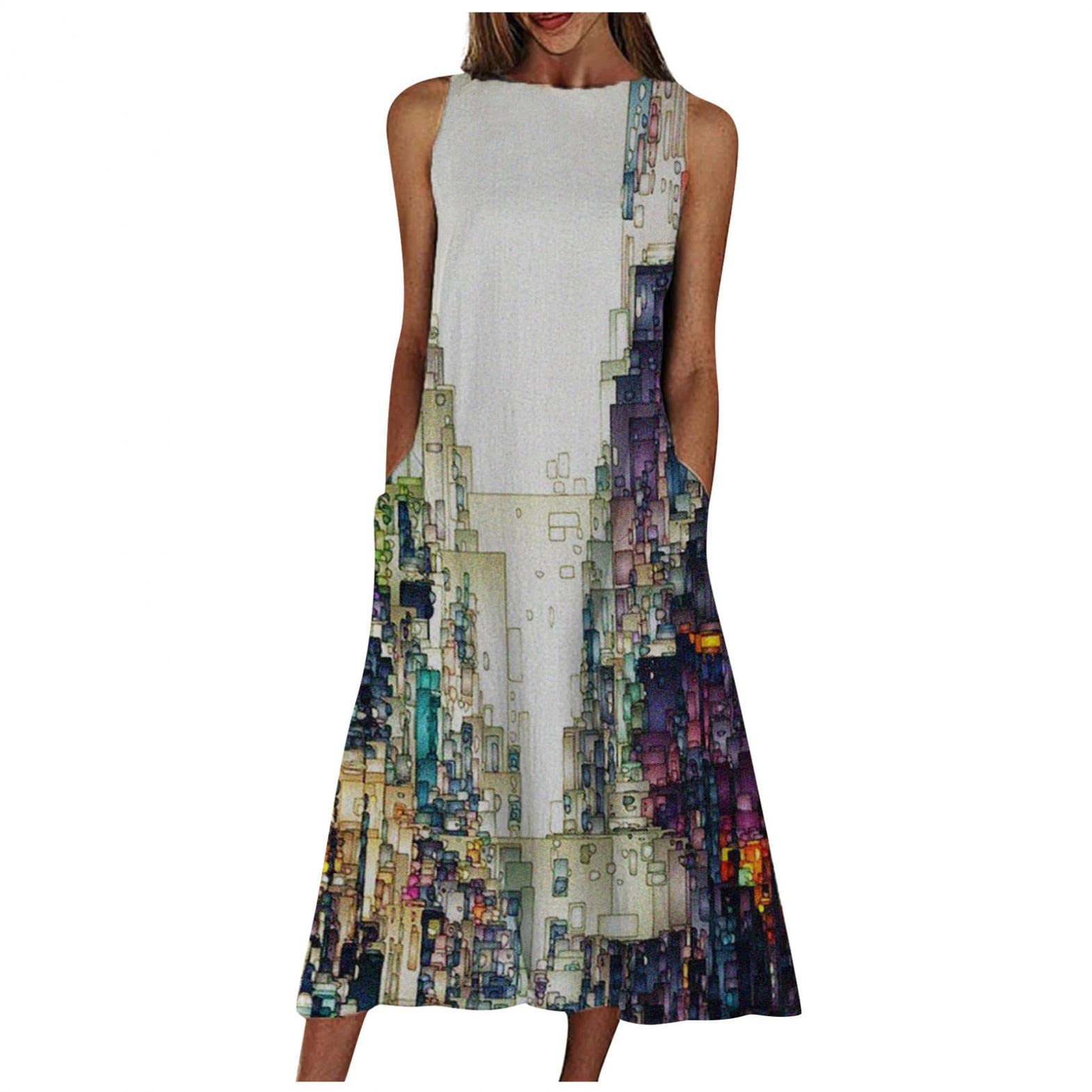 FABIURT Women's Sleeveless Floral Print Maxi Dress - O Neck Casual Loose Long Ruffle Summer Dress with Pockets | Beach Wedding, Vacation, Party Wear