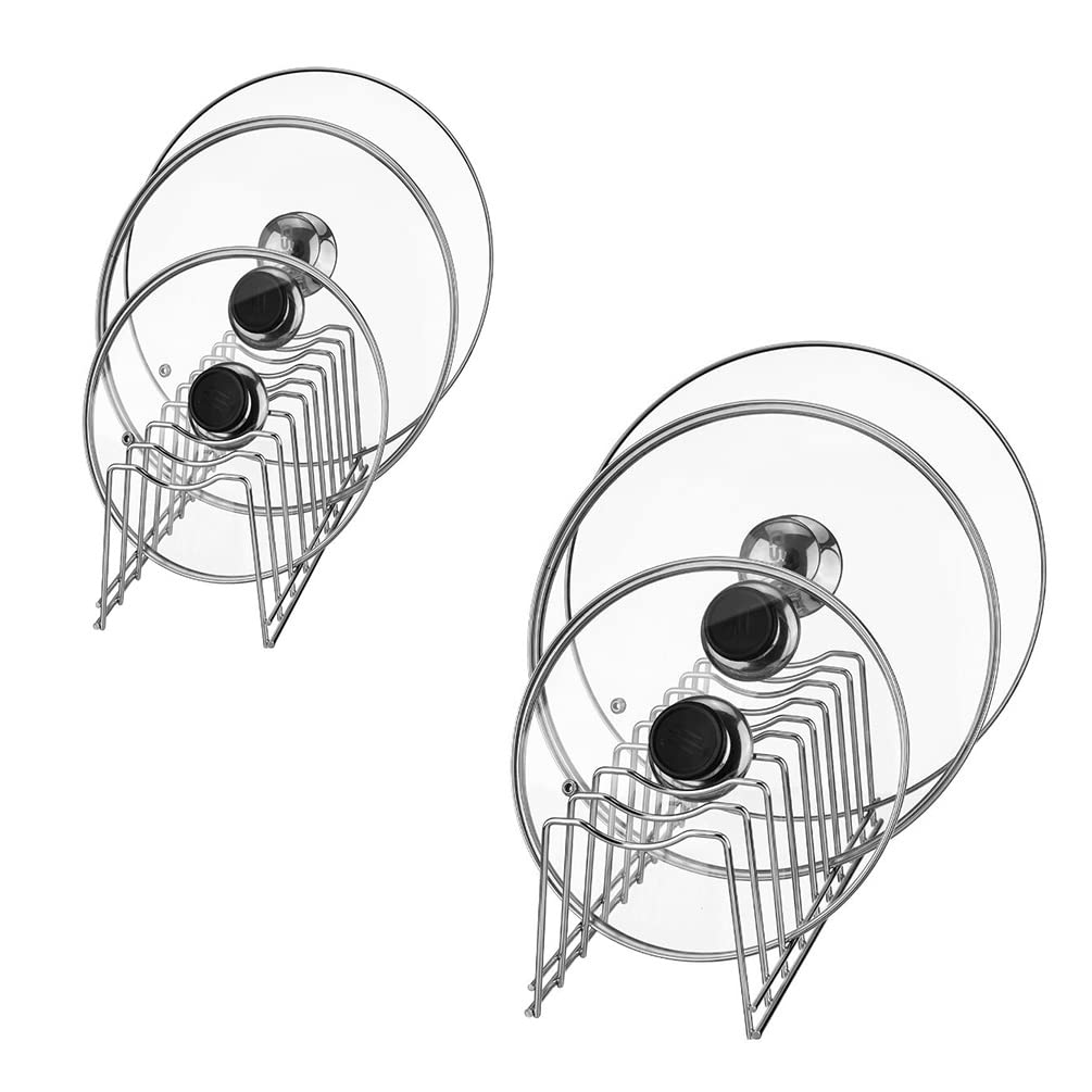 Stainless Steel Pot Lid Organizer & Kitchen Rack Holder - Space Saving Storage for Lids, Cutting Boards, Baking Sheets & Serving Trays (Silver, 2-Pack) - Perfect for Pantry, Cabinet & Kitchen Organization