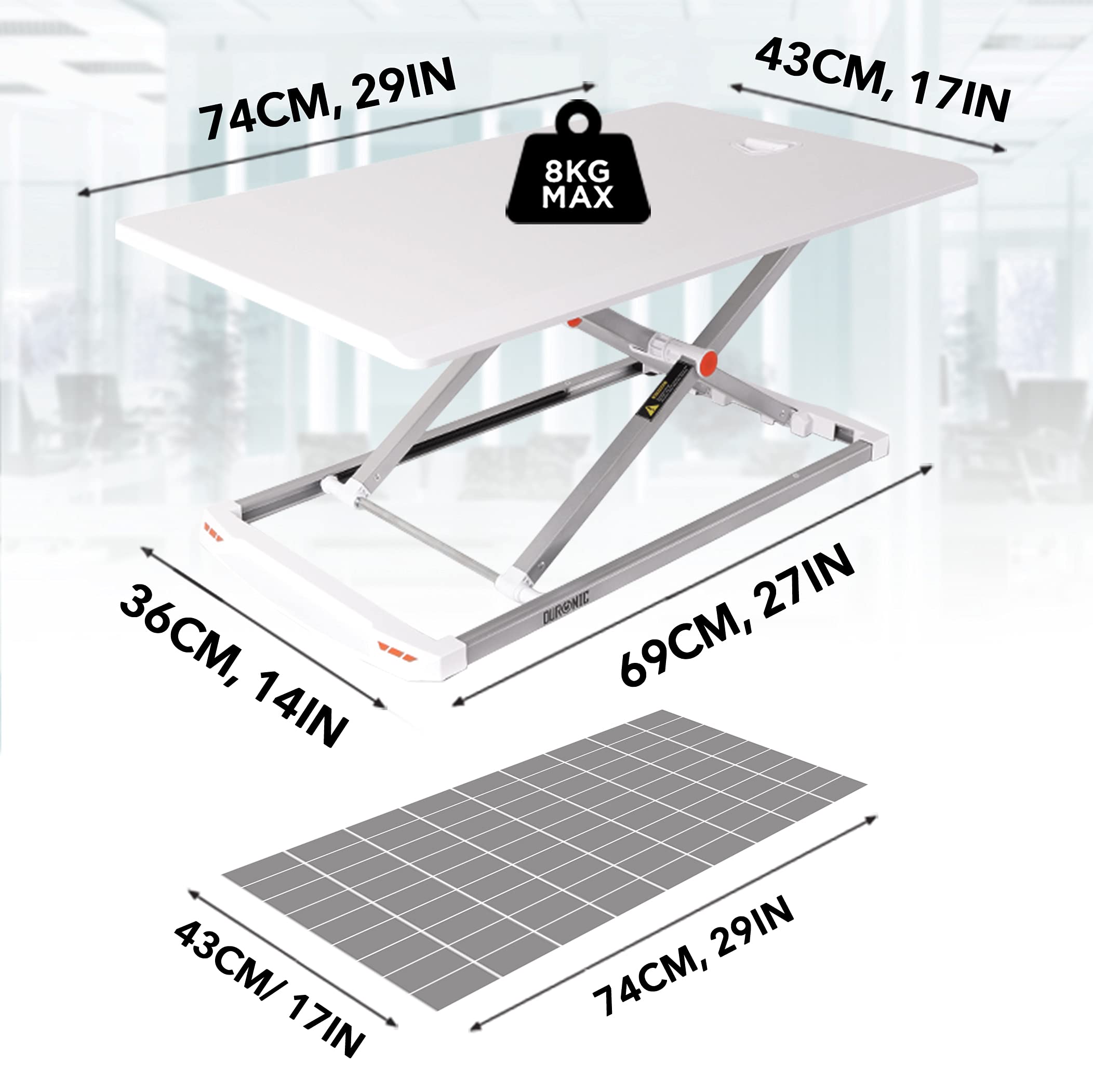Duronic DM05D11 Sit Stand Desk - Adjustable Height 5-40cm, White | 74x43cm Ergonomic Workstation for PC & Laptop | Perfect for Home Office, Gaming & Study | Convertible Standing Desk with Stable Platform