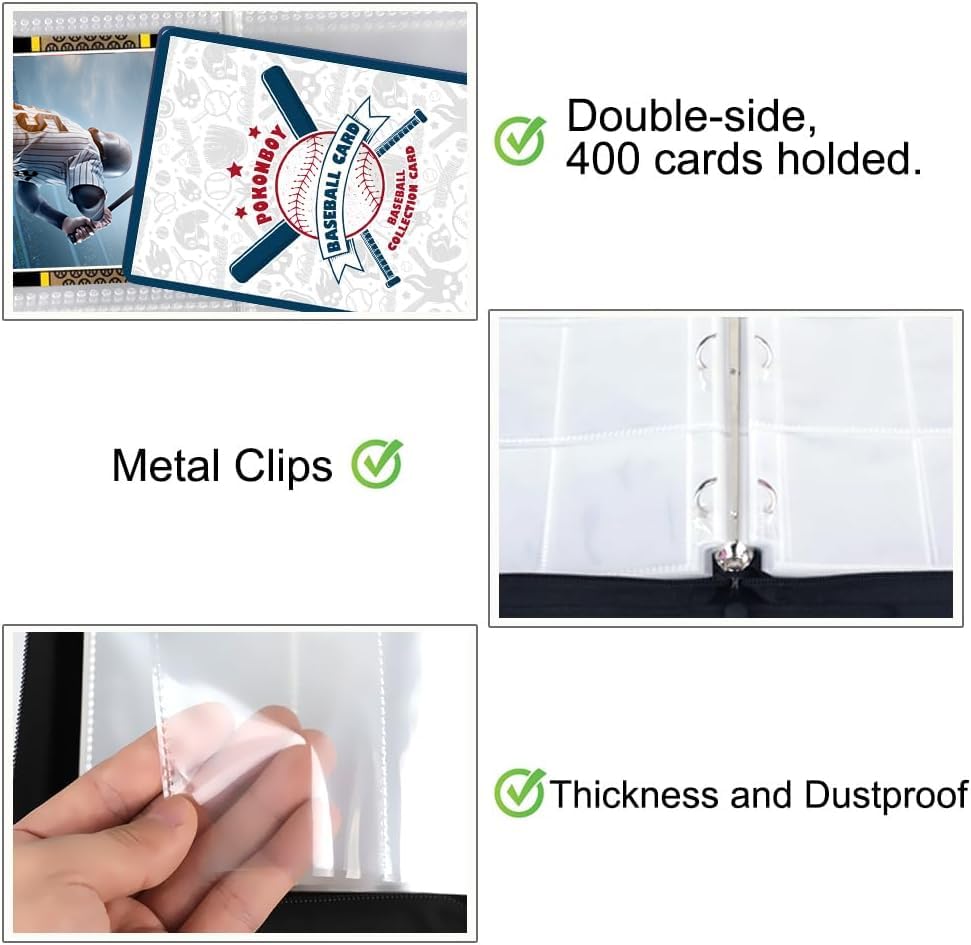 POKONBOY 400-Capacity Baseball Card Binder Sleeves - Premium Trading Card Protectors for Sports Cards, Football Cards & Collectibles | Durable Card Holder for Organizing, Displaying & Protecting Your Valuable Card Collection