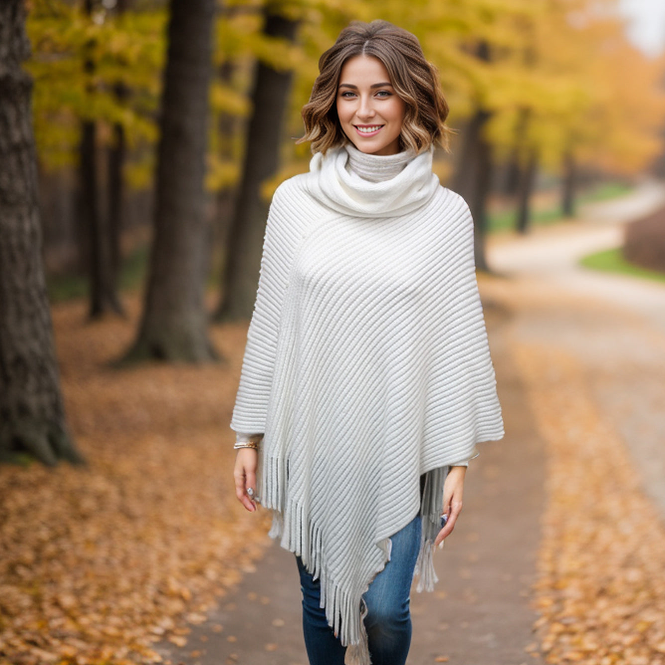 Relovo Women's Knitted Poncho with Collar - Soft Winter Shawl Wrap, Elegant White Cape for Fall & Winter Fashion | Perfect for Office, Date Night & Holiday Outfits