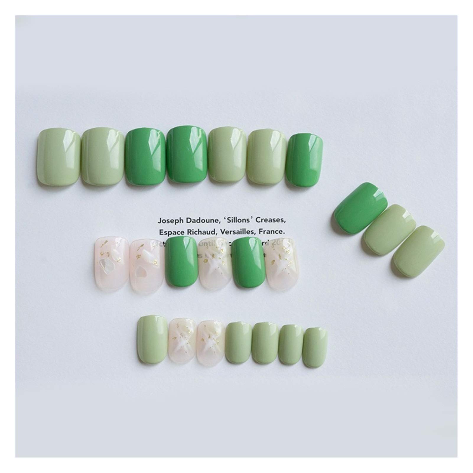 Short Green False Nails with Gold Foil & Shell Decor - Cute Bride Fake Nails - Full Cover Nail Tips for Wedding, Party & Special Occasions