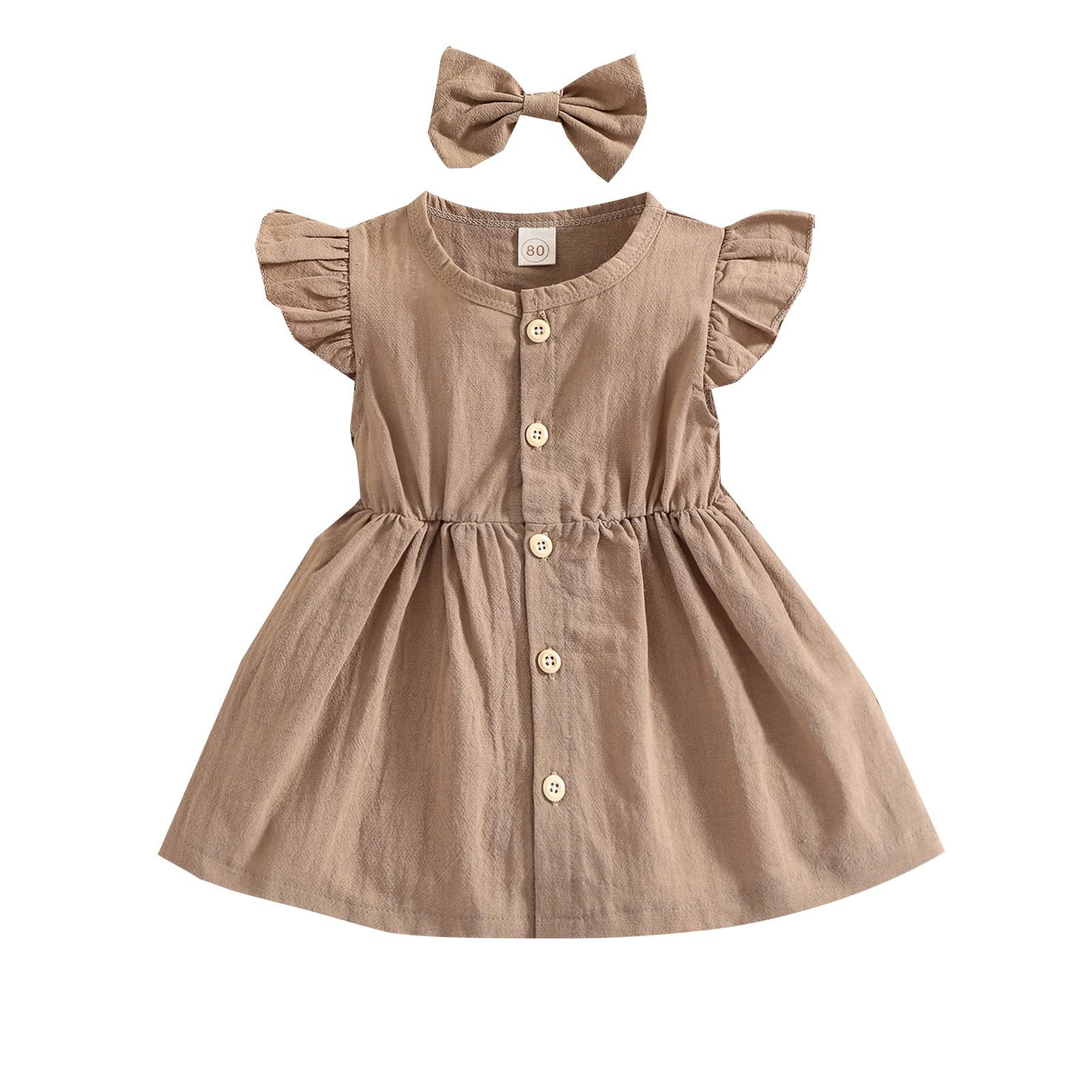 **Toddler Baby Girls' Cotton Linen Summer Dress with Fly Sleeves & Headbow – Cute Button-Down Outfit for Playdates, Parties & Photos**