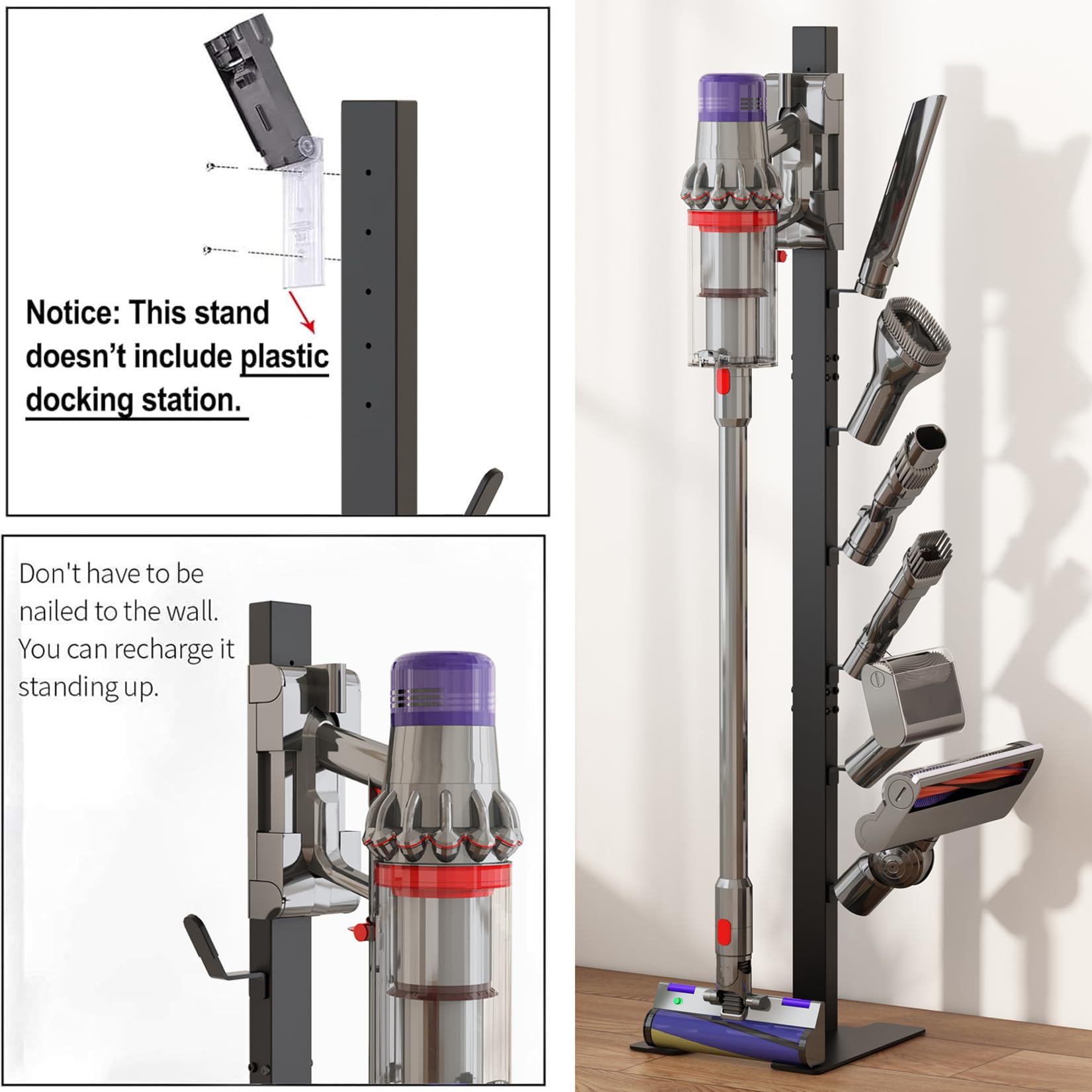 MOOPHY Metal Vacuum Stand for Dyson V15 V12 V11 V10 V8 V7 V6 - Stable Storage Holder & Dock Station for Dyson Cordless Handheld Vacuum Cleaner with 6 Hooks - Perfect for Home, Office, and Garage Organization
