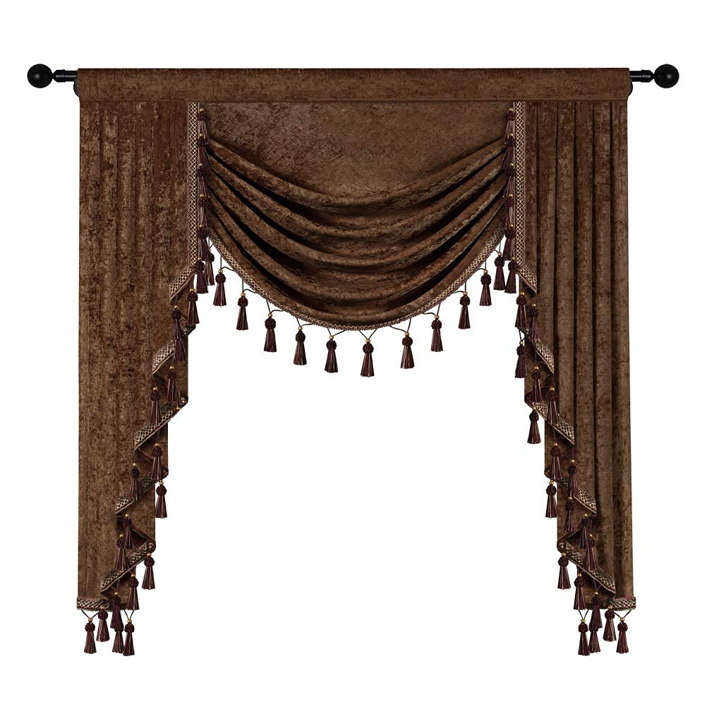 ELKCA Thick Chenille Window Curtains Valance - Chocolate Waterfall Valance for Living Room & Bedroom - Rod Pocket Design - 1 Panel (39 Inches Wide) - Perfect for Small Windows, Home Decor & Room Treatment