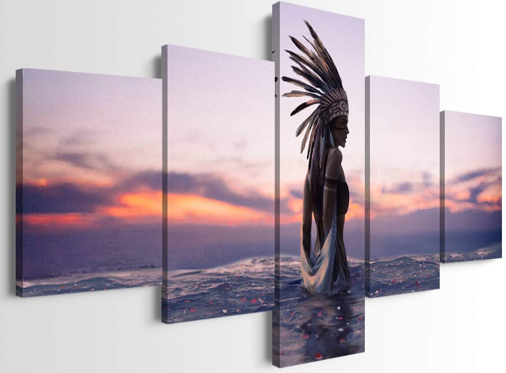 5 Piece Native American Indian Canvas Wall Art Set - Ocean Themed Indian Painting Decor for Living Room & Bedroom (70''W x 40''H) | Ready to Hang | Tribal Home Decor | Perfect for Southwest Style Interiors & Boho Chic Spaces