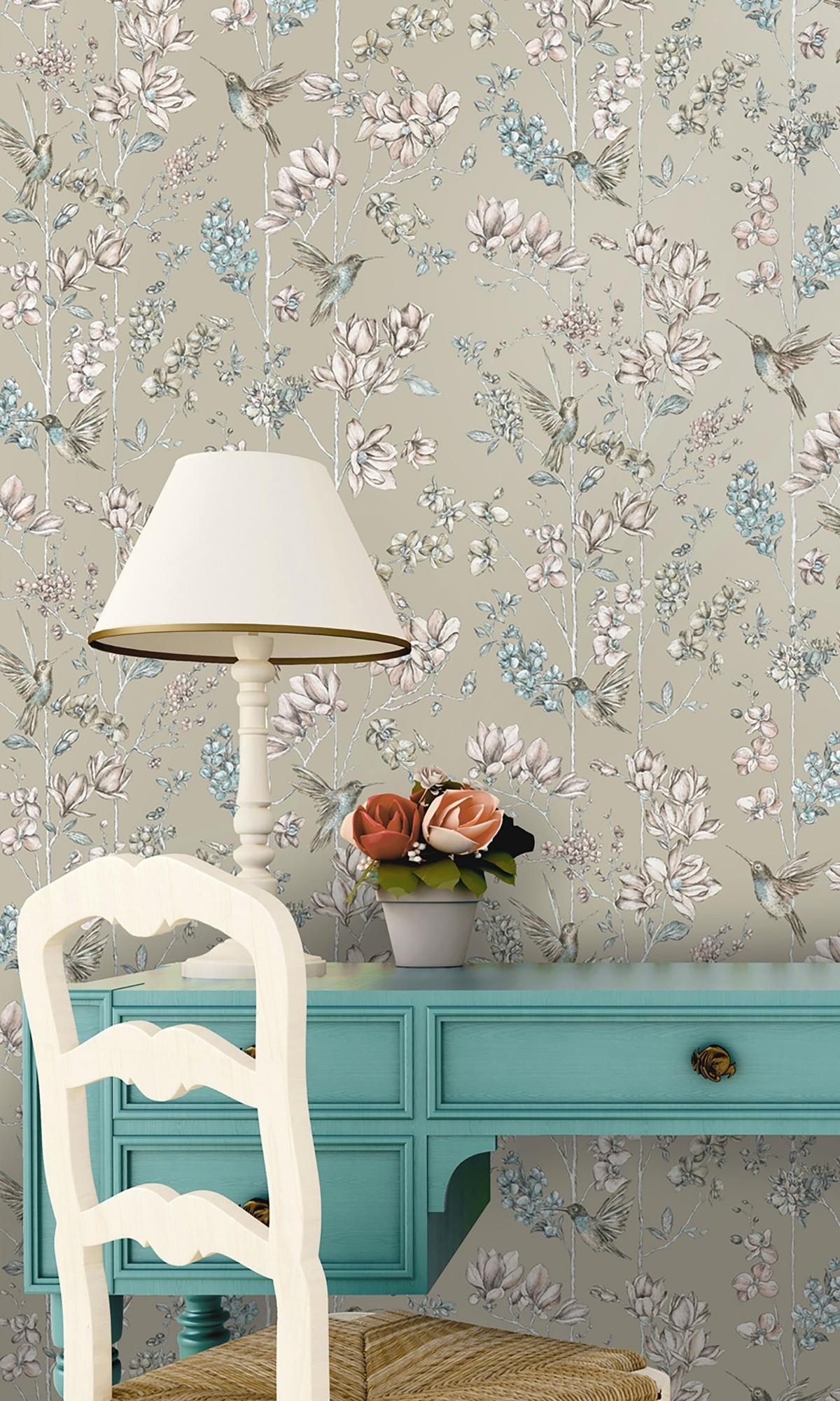 Charm Silver Painted Flowers and Hummingbirds Floral Wallpaper R7636 - Vintage Botanical Wall Decor for Living Room, Bedroom & Nursery