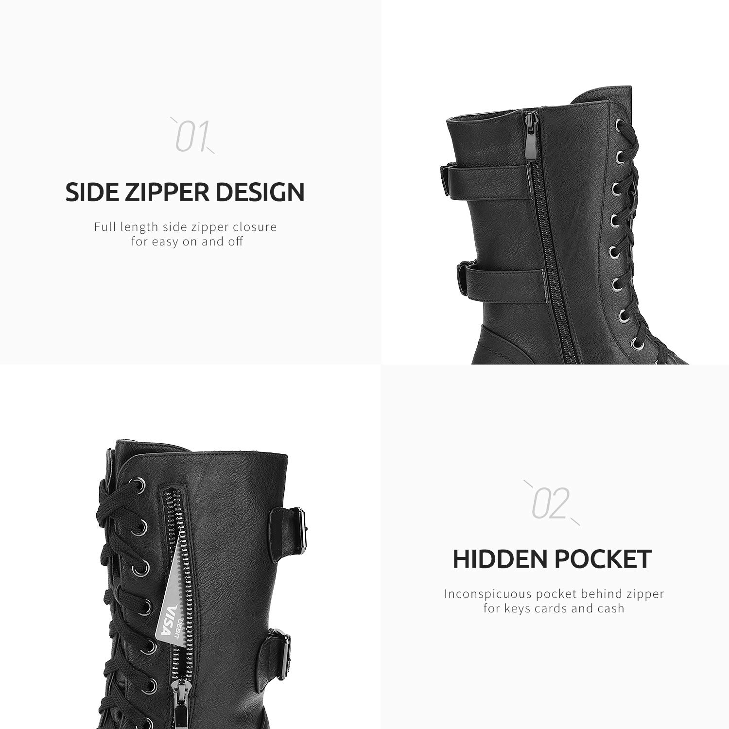 DREAM PAIRS Women's Mid Calf Combat Boots with Built-in Wallet Pocket & Lace Up Design - Perfect for Military Style, Outdoor Hiking & Fashion Streetwear