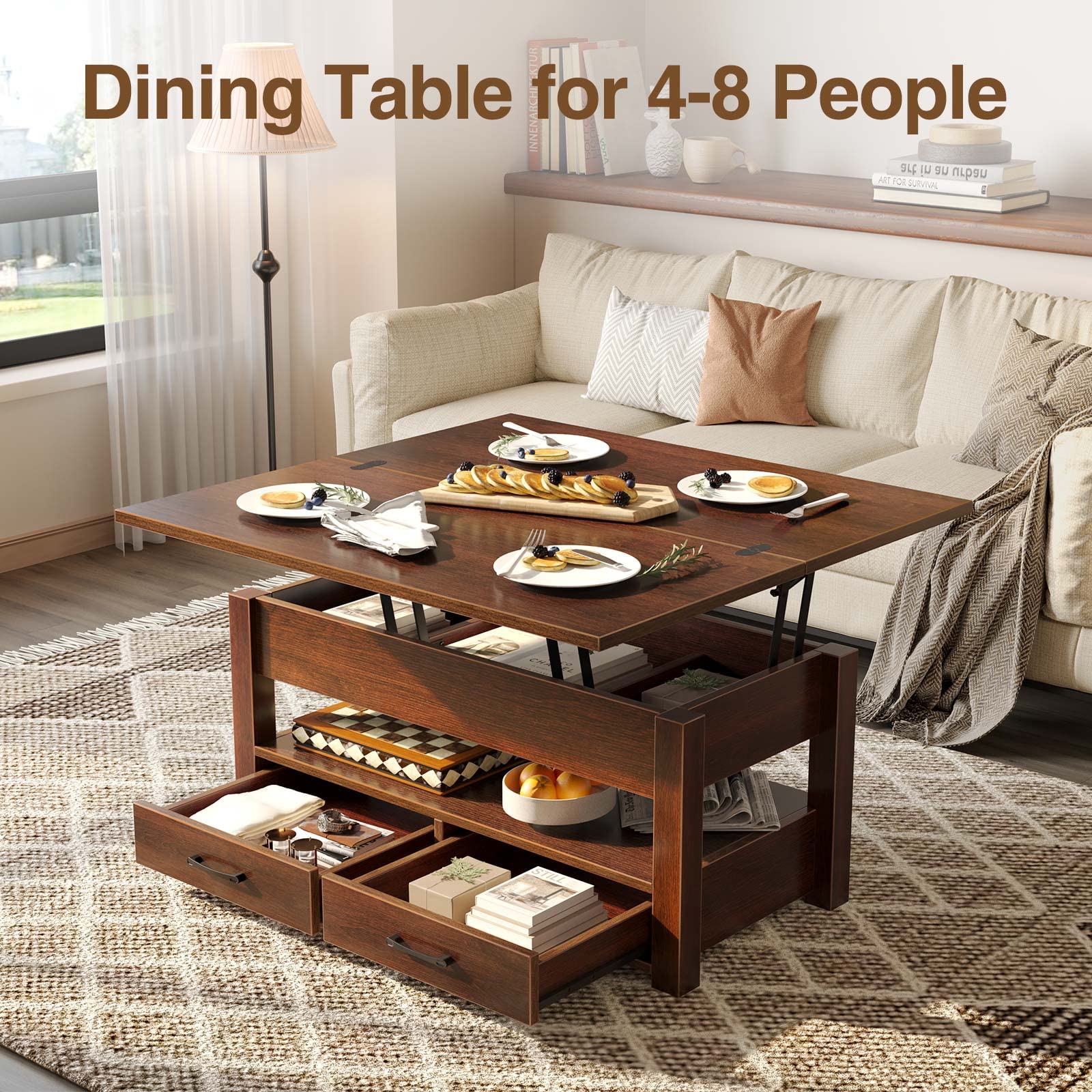 Rolanstar Lift Top Coffee Table with Drawers - Convertible Espresso Coffee to Dining Table, Multi-Function Living Room Furniture with Hidden Storage Compartment | Perfect for Small Spaces, Home Office & Entertaining Guests
