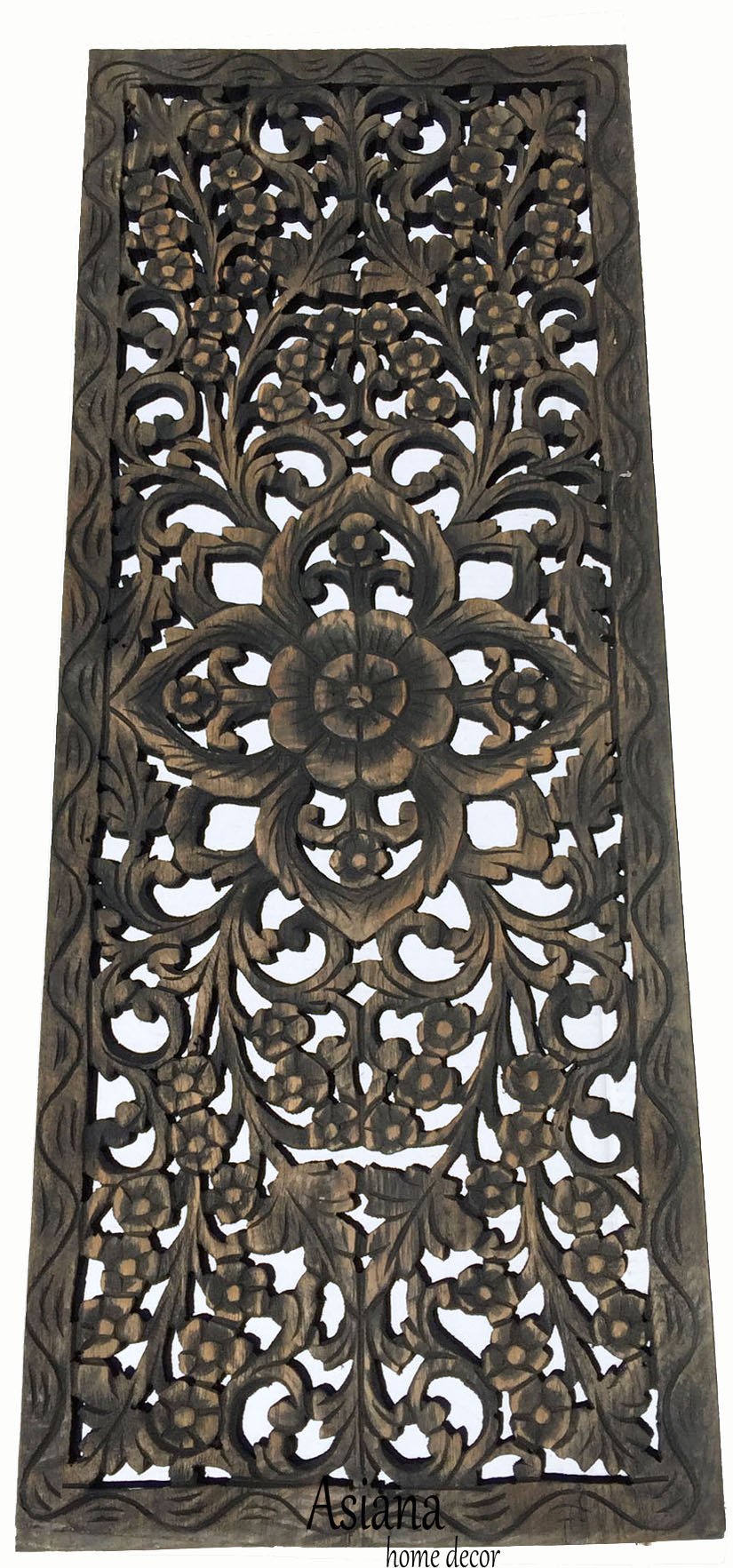 Handcrafted Sunshine Floral Wood Carving Wall Decor - 35.5x13.5 Inch Black-Wash Wooden Wall Art Panel for Living Room, Bedroom & Office Decoration