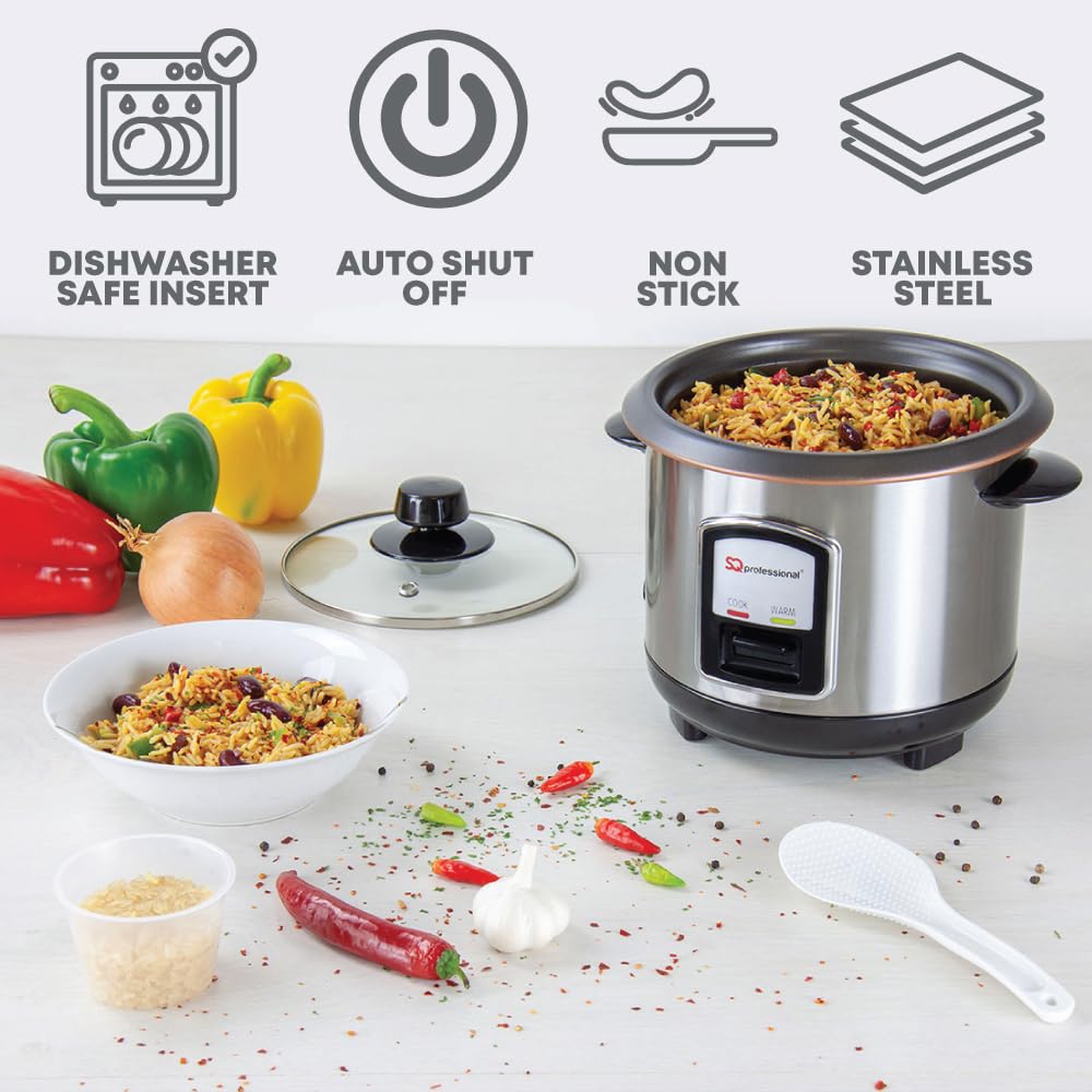 SQ Professional 0.8L Stainless Steel Rice Cooker 350W - Compact & Durable for Perfect Rice, Ideal for Small Kitchens, Dorms & Office Use